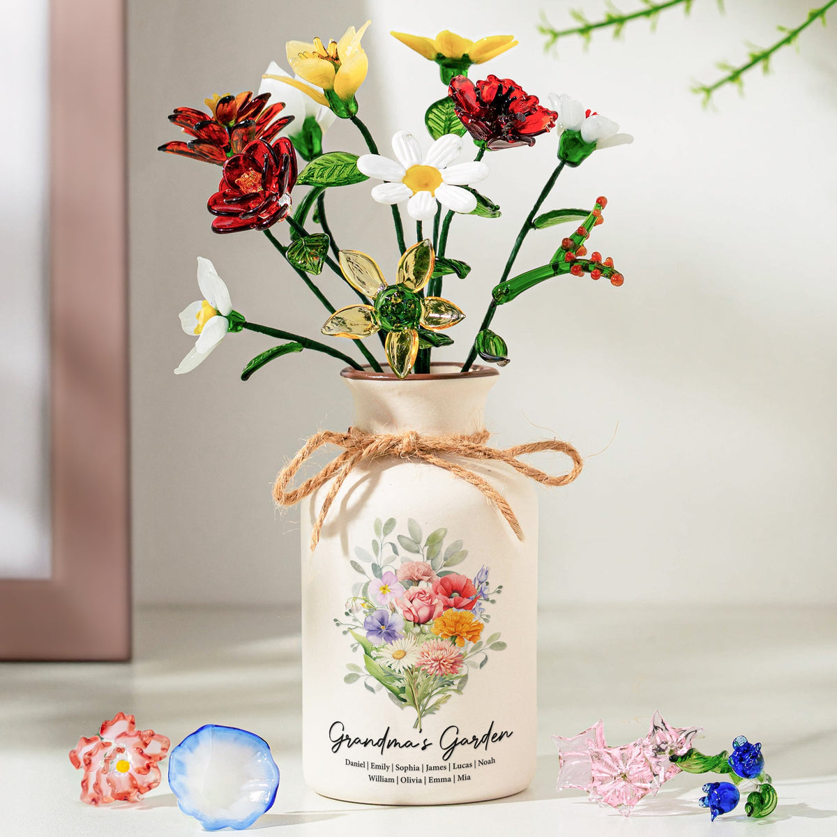 Family Birth Flower Bouquet Flowers Gift For Mom, Grandma, Family - Personalized Vase