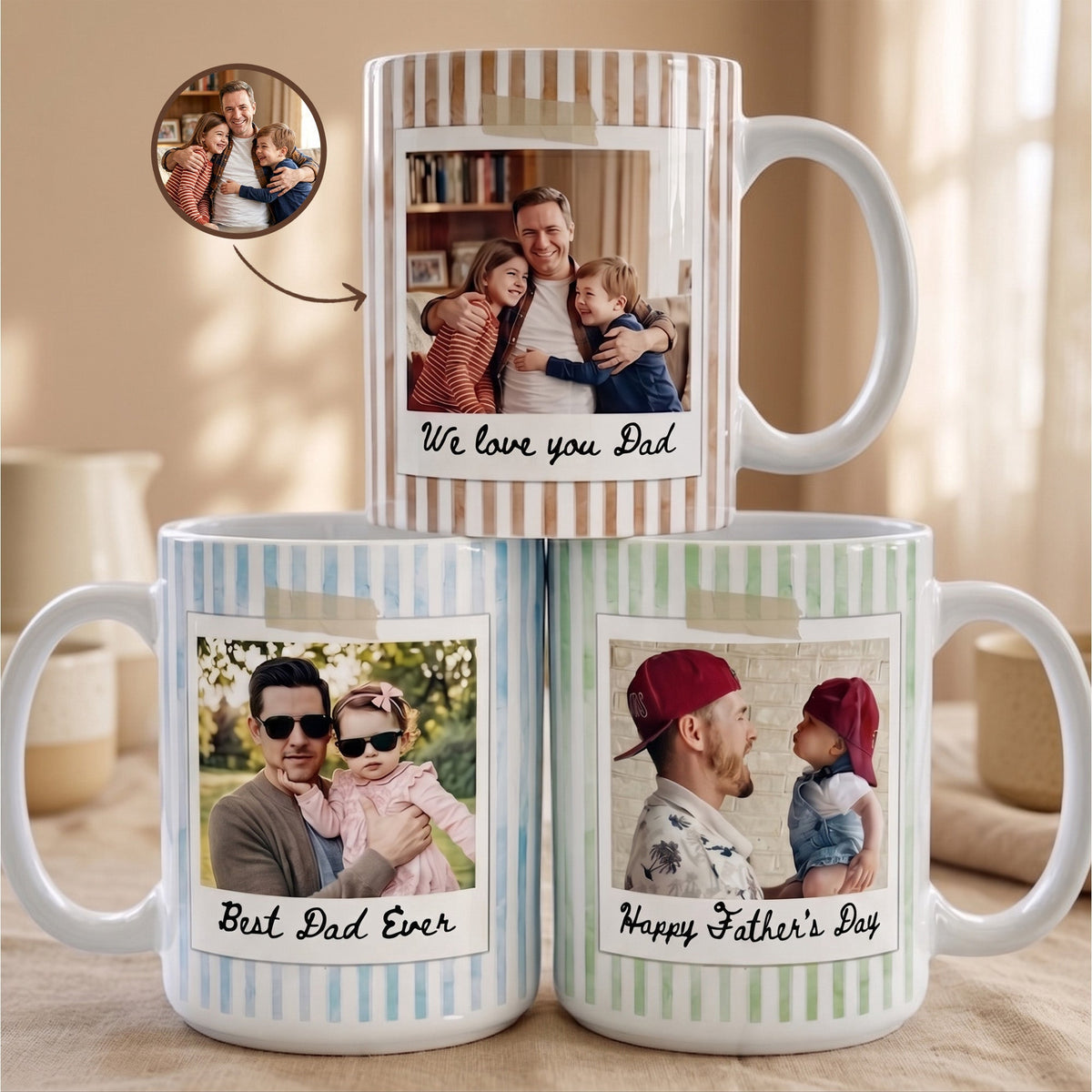 Father's Day Custom Photo Striped Pattern Father's Day Gift For Dad, Husband - Personalized Mug