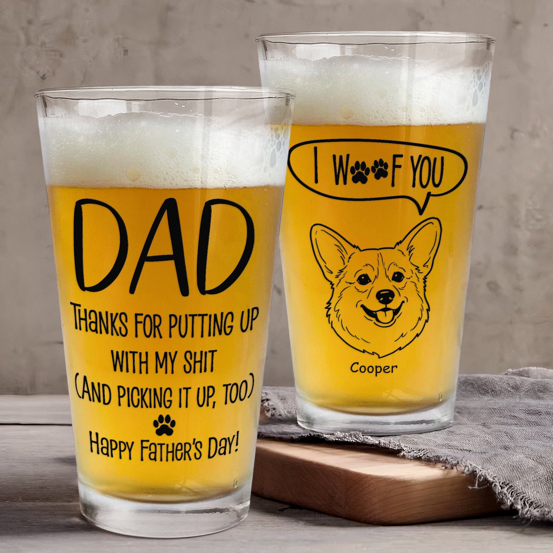 Father's Day Gifts, Thanks Dad We Woof You Pet Photo Line Art - Personalized Beer Glass