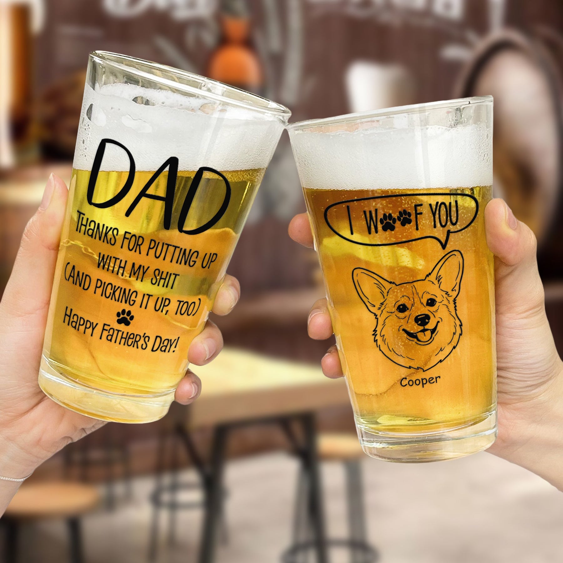 Father's Day Gifts, Thanks Dad We Woof You Pet Photo Line Art - Personalized Beer Glass