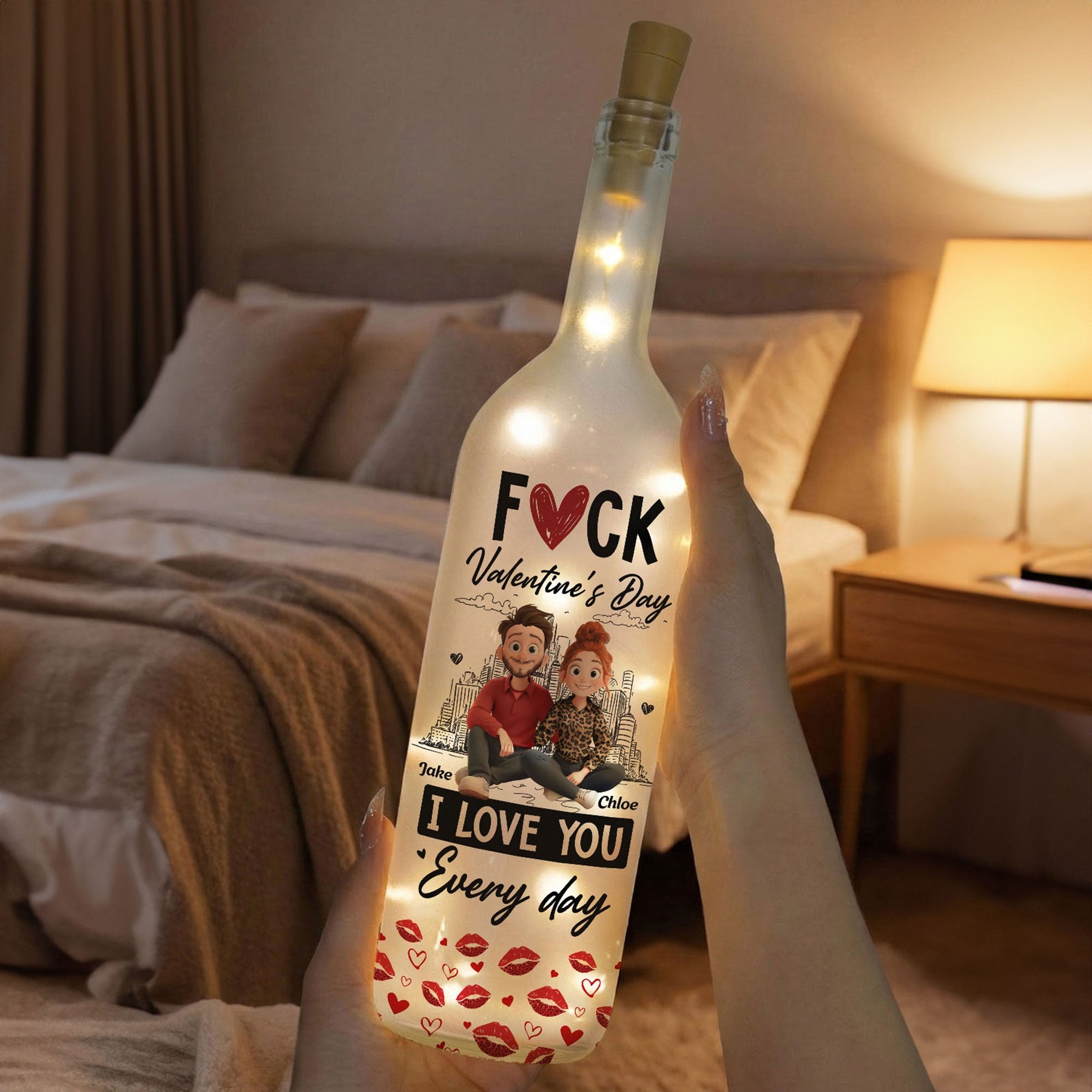 F*ck Valentine's Day I Love You Every Day 3D Couple Clipart - Personalized Bottle Lamp