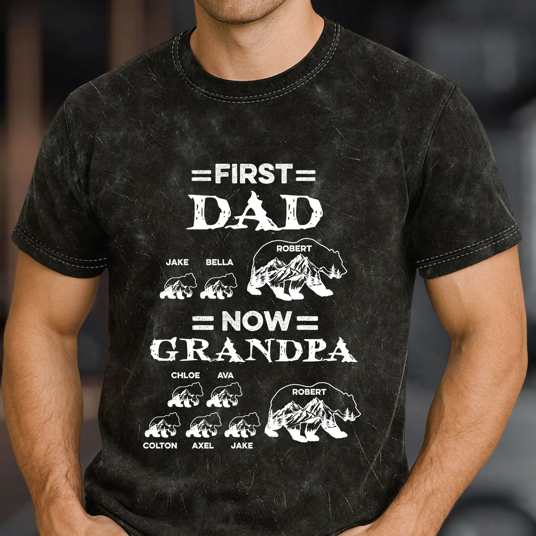 First Dad Now Grandpa Bear - Personalized Acid Wash T‑Shirt