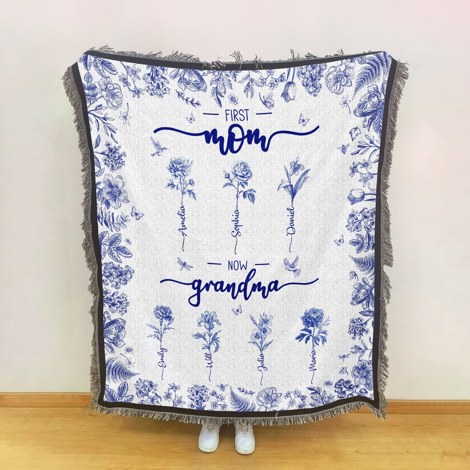 First Mom Now Grandma Custom Birth Flower Toile De Jouy - Personalized Woven Blanket