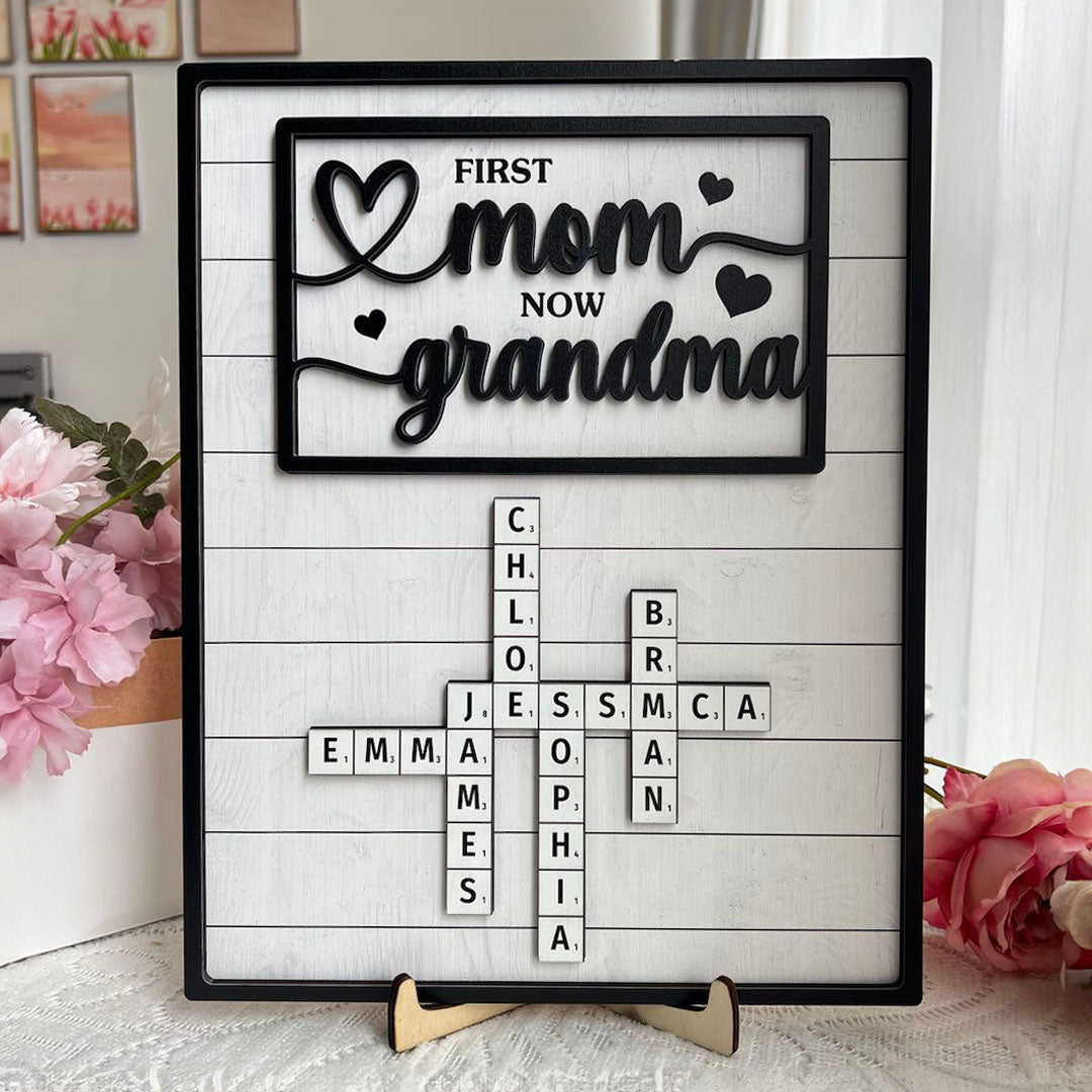 First Mom Now Grandma - Custom Kids' Names Crossword - Personalized Wooden Plaque