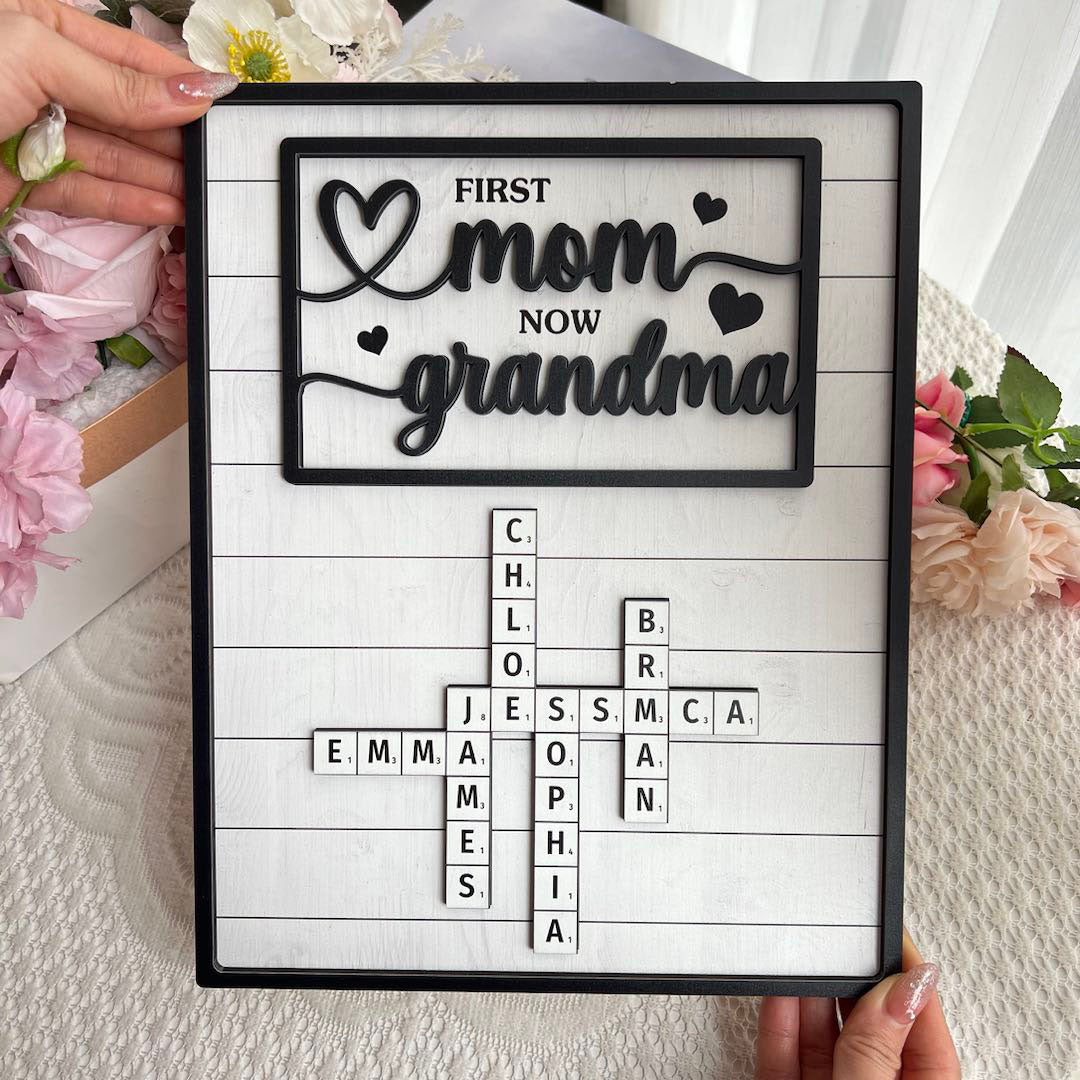 First Mom Now Grandma - Custom Kids' Names Crossword - Personalized Wooden Plaque