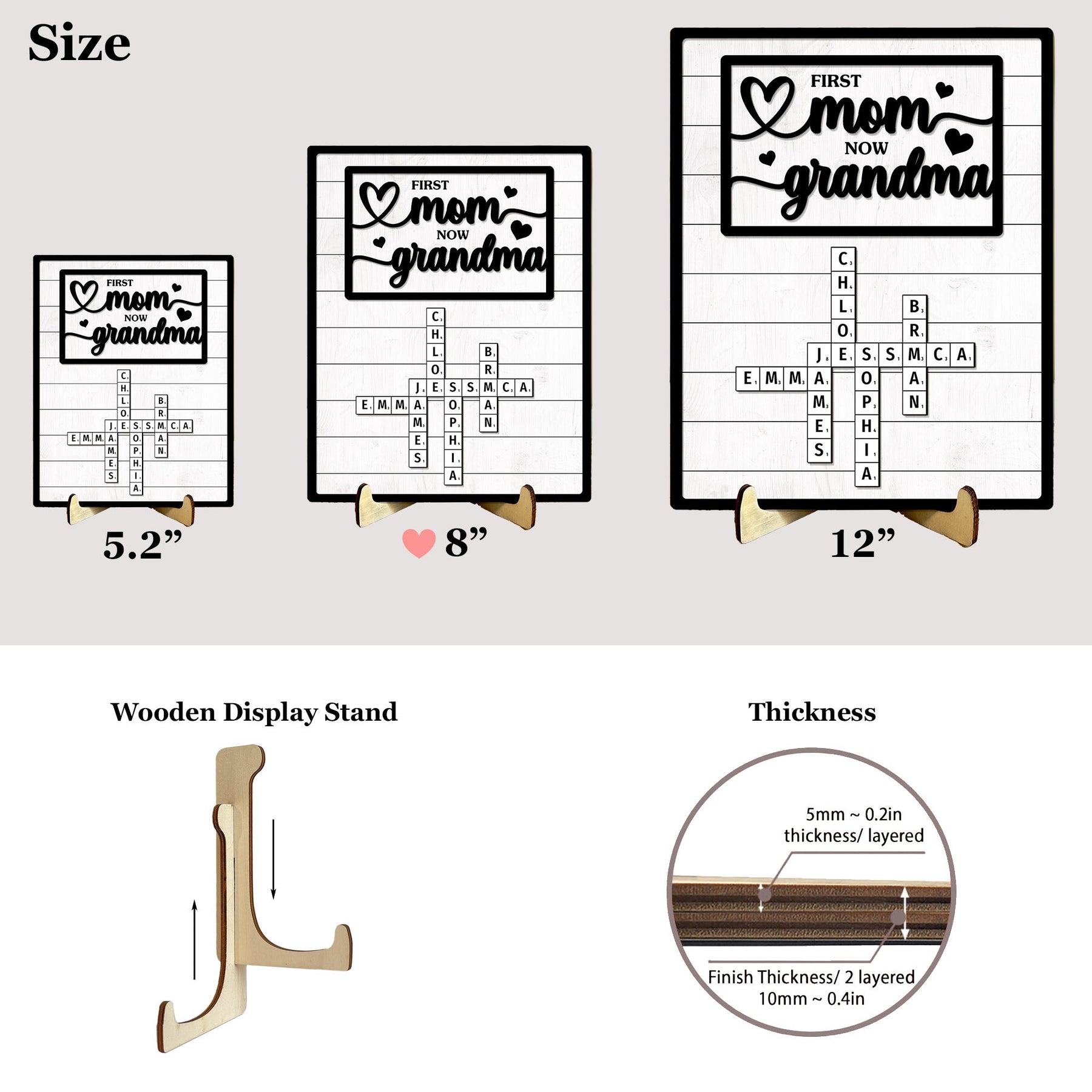 First Mom Now Grandma - Custom Kids' Names Crossword - Personalized Wooden Plaque