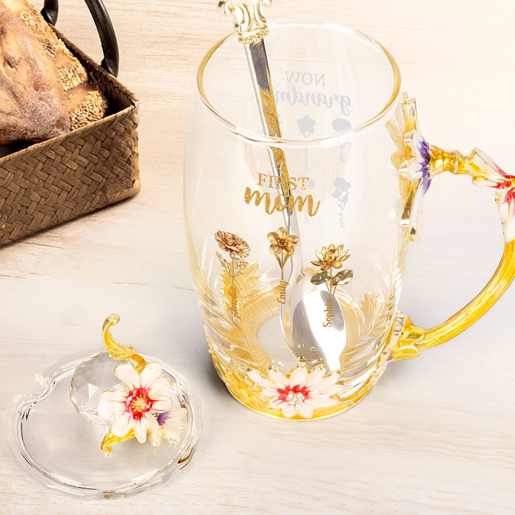 First Mom Now Grandma Golden Birth Month Flower - Personalized Glass Cup