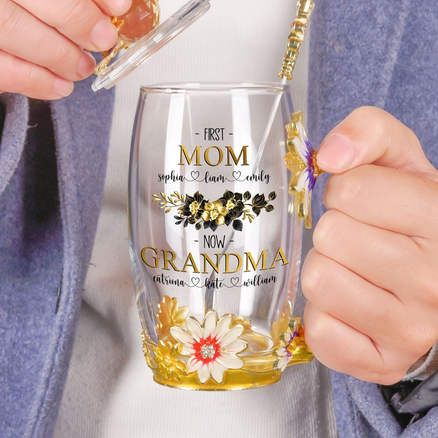 First Mom Now Grandma - Personalized Enamel Flower Tea Cup