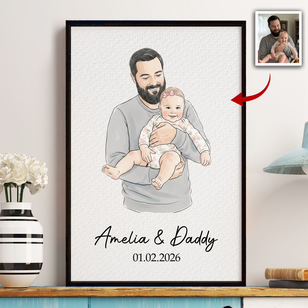 First Father's Day Gift For Dad, Husband Custom Photo Watercolor Art - Personalized Poster