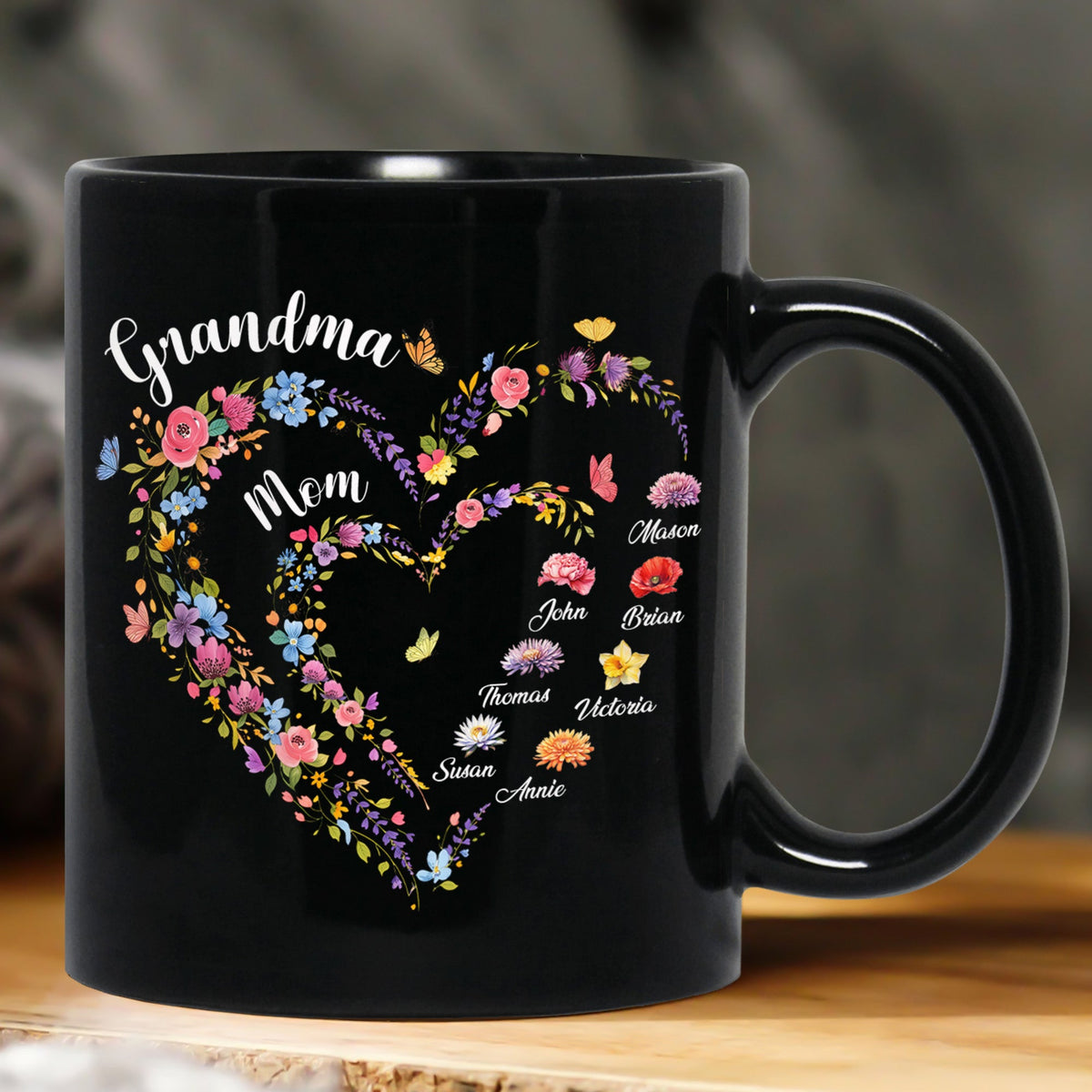 First Mom Now Grandma Heart Flower With Kids' Names & Birth Flower Black Ver - Personalized Mug