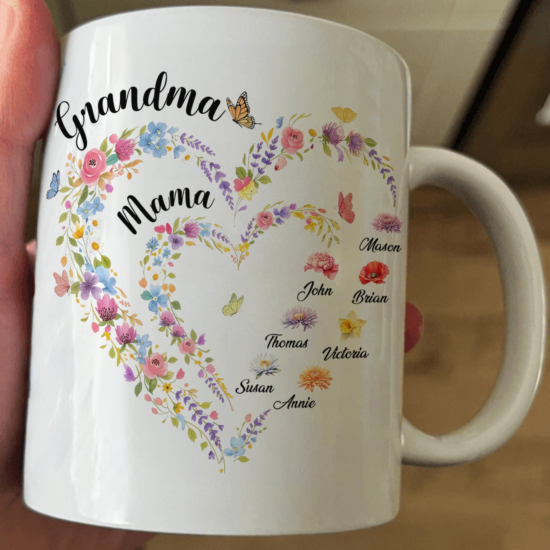 First Mom Now Grandma Heart Flower With Kids' Names & Birth Flower - Personalized Mug