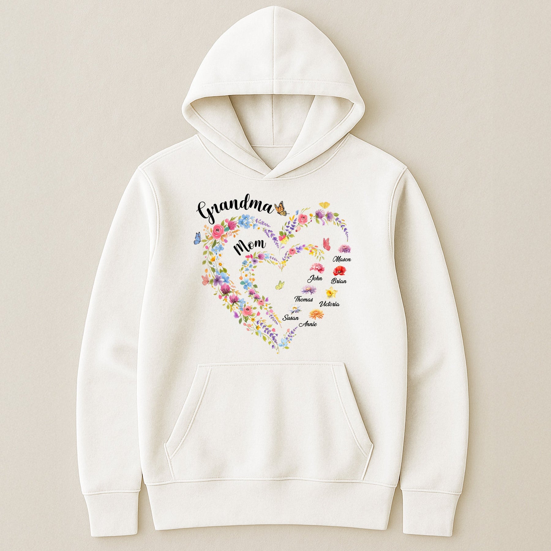 First Mom Now Grandma Heart Flower With Kids' Names & Birth Flower - Personalized Shirt