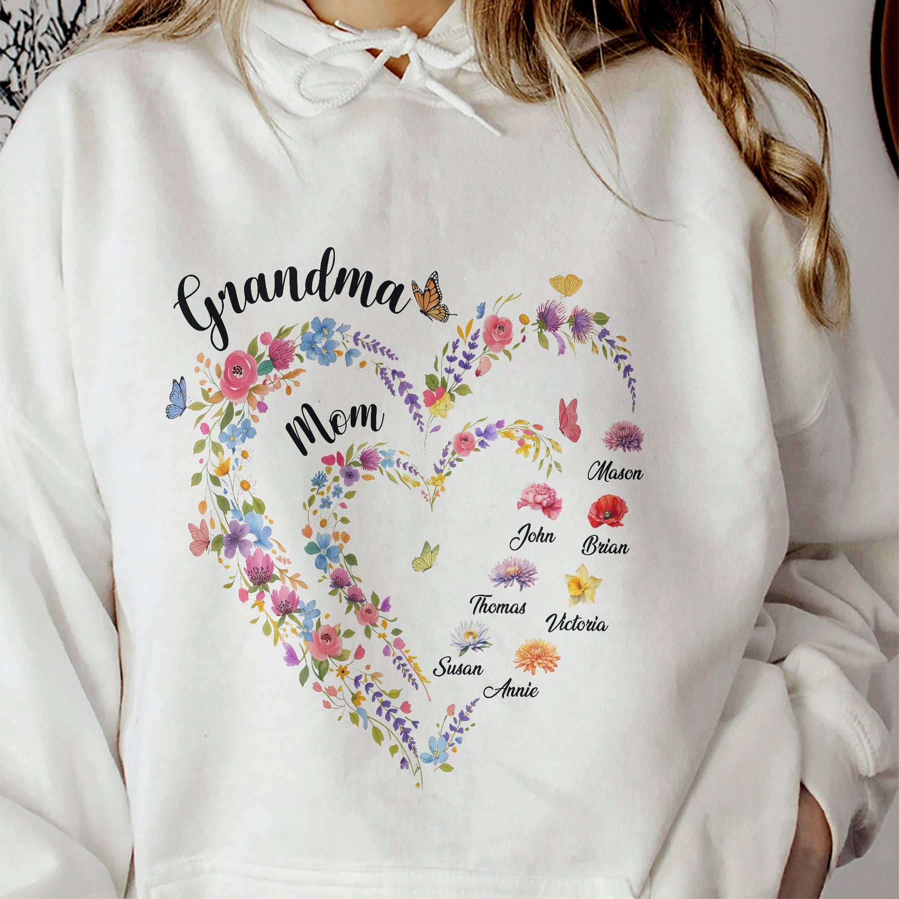 First Mom Now Grandma Heart Flower With Kids' Names & Birth Flower - Personalized Shirt