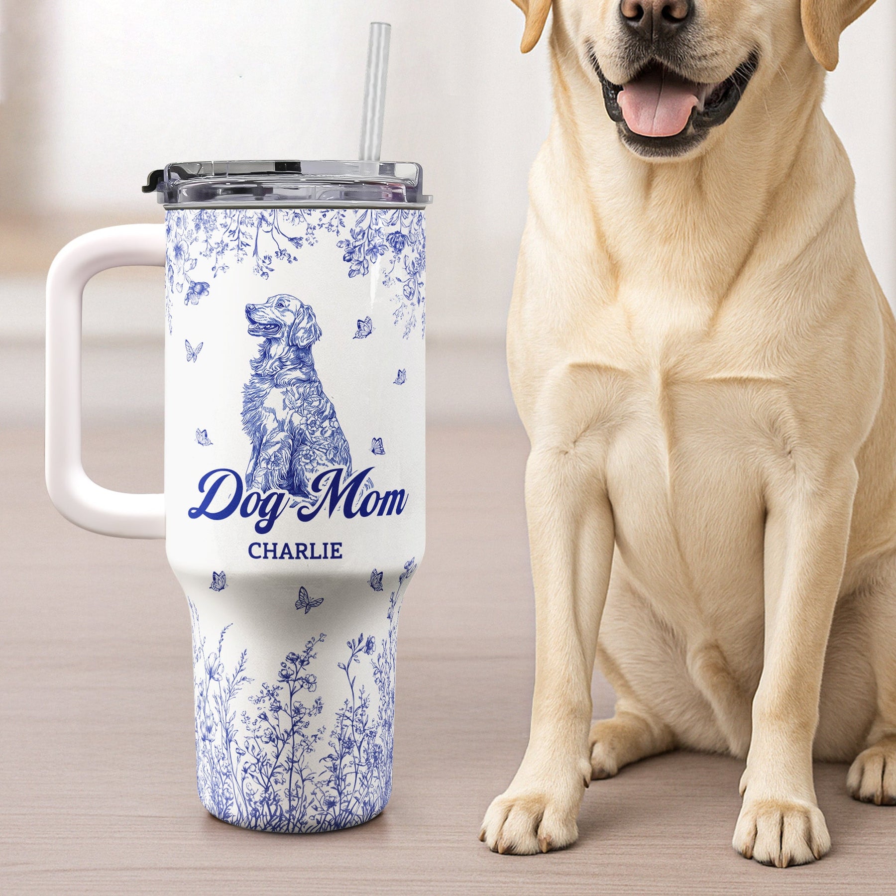 Floral Dog Mom Toile De Jouy Custom Breeds - Personalized 40oz Tumbler With Straw