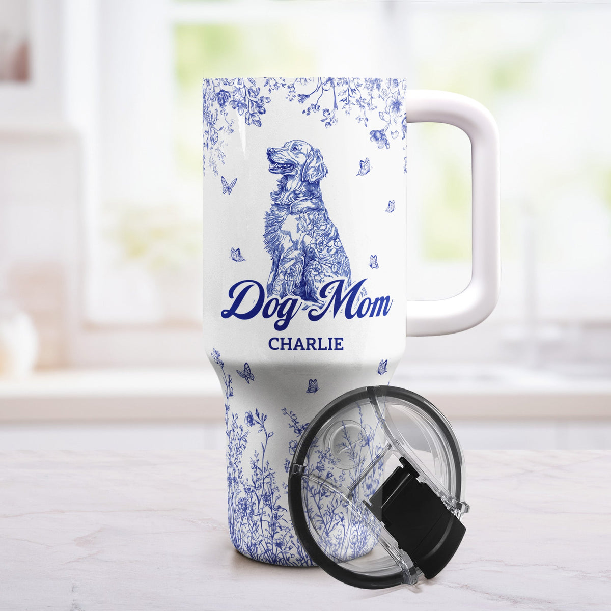 Floral Dog Mom Toile De Jouy Custom Breeds - Personalized 40oz Tumbler With Straw