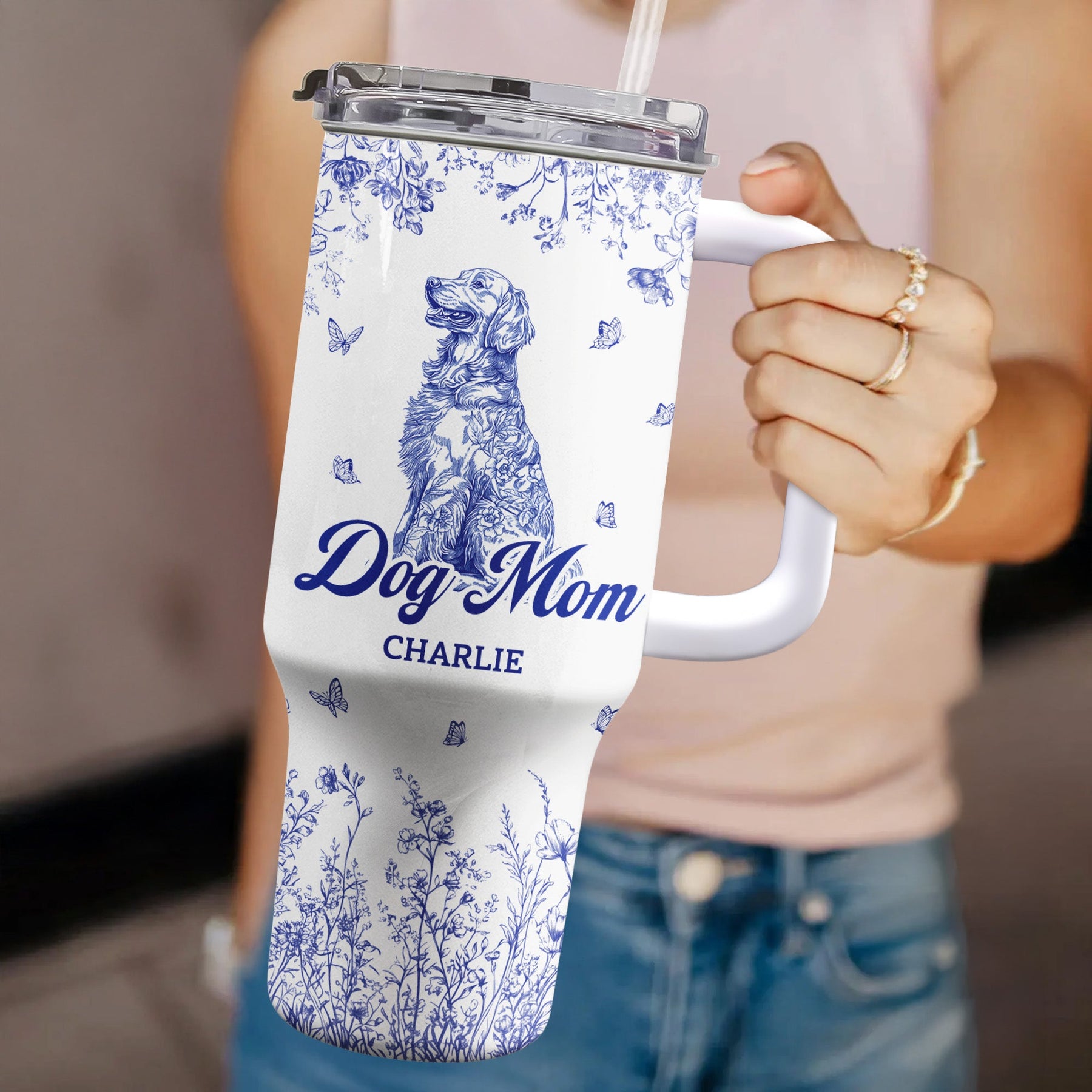 Floral Dog Mom Toile De Jouy Custom Breeds - Personalized 40oz Tumbler With Straw