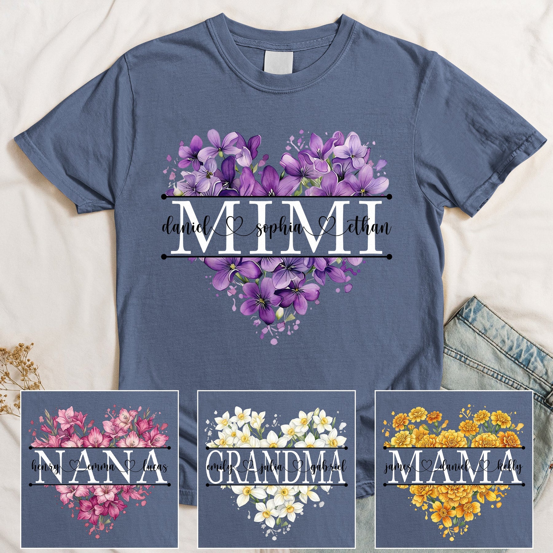 Floral Heart Custom Birth Flower Mimi Shirt Mother's Day Gift For Her - Personalized Shirt