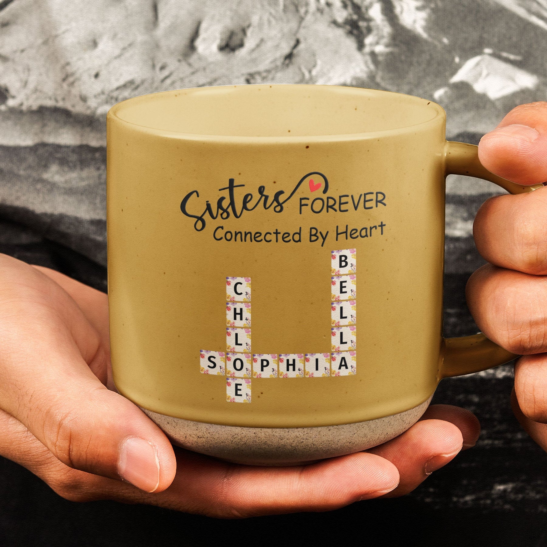 Forever Connected By Heart Scrabble Name - Personalized Pottery Mug