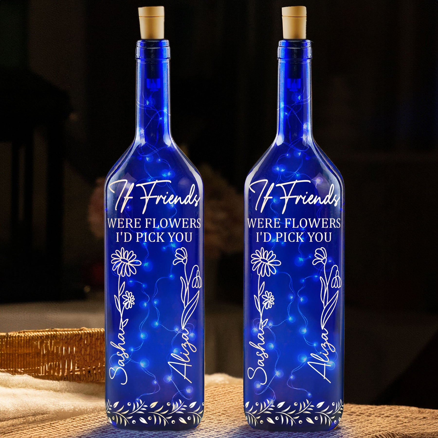 Friends Were Flowers I'd Pick You - Personalized Blue Bottle Lamp