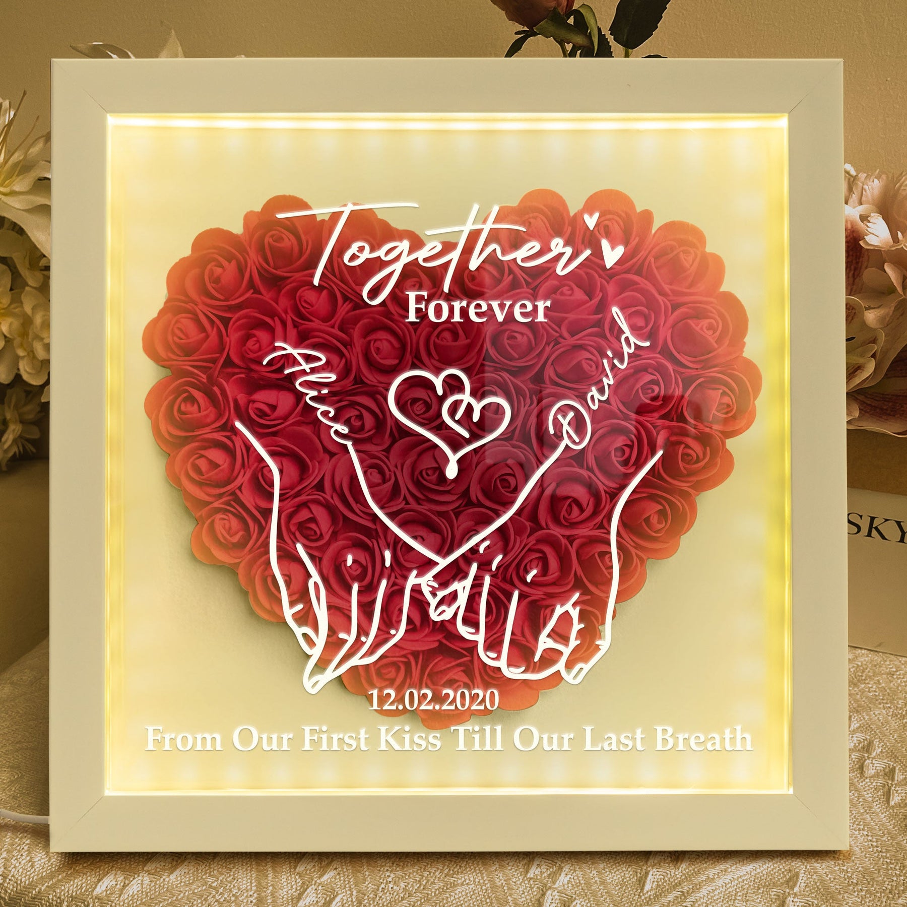 From Our First Kiss Till Our Last Breath - Personalized Flower Shadow Box With LED Light