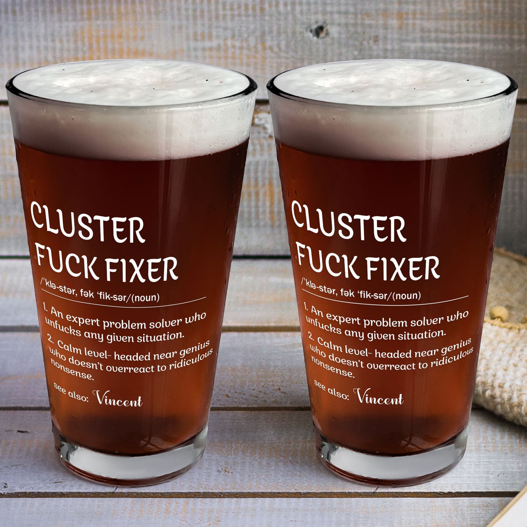 Funny Cup - Gifts For Boss, Coworkers - Cluster F*Ck Fixer - Custom Name - Personalized Beer Glass