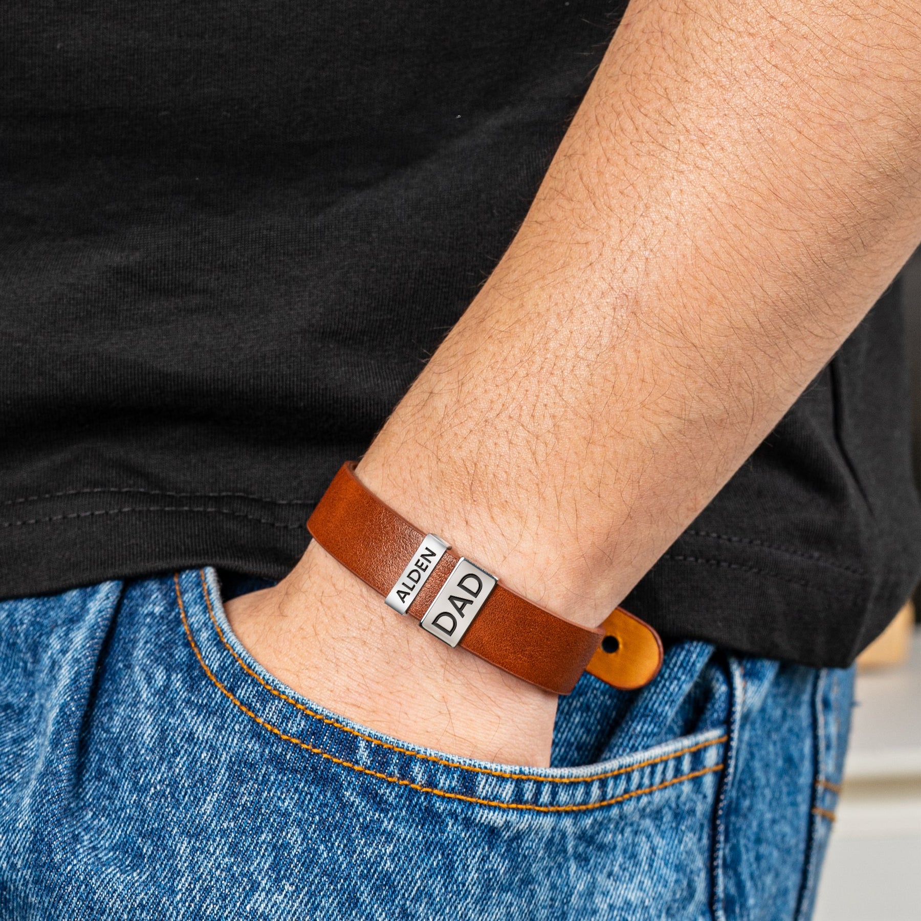 Gift For Men - Personalized Leather Bracelet With Name Beads