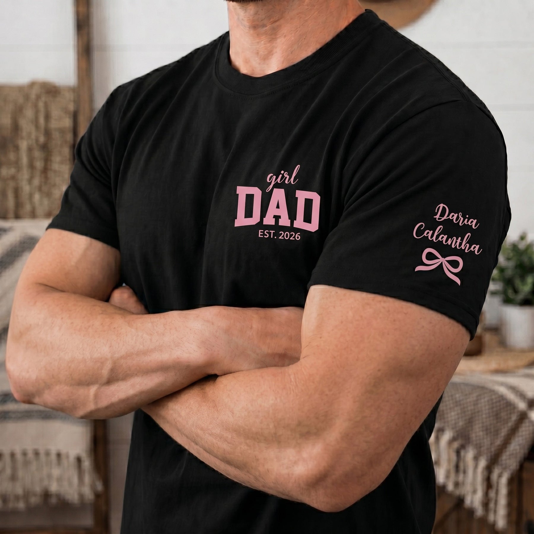 Girl Dad With Kids' Names On Sleeves - Pink Dad - Personalized Shirt 2