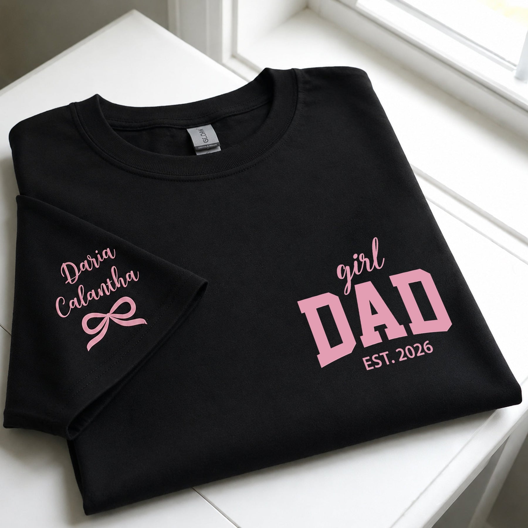 Girl Dad With Kids' Names On Sleeves - Pink Dad - Personalized Shirt 2