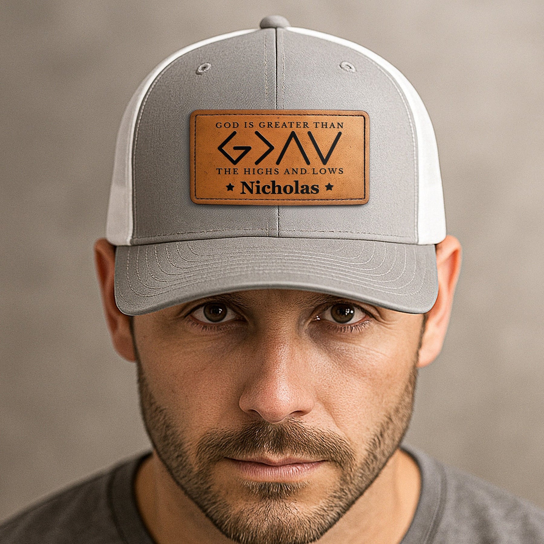 God Is Greater Than The Highs And Lows - Personalized Leather Patch Hat