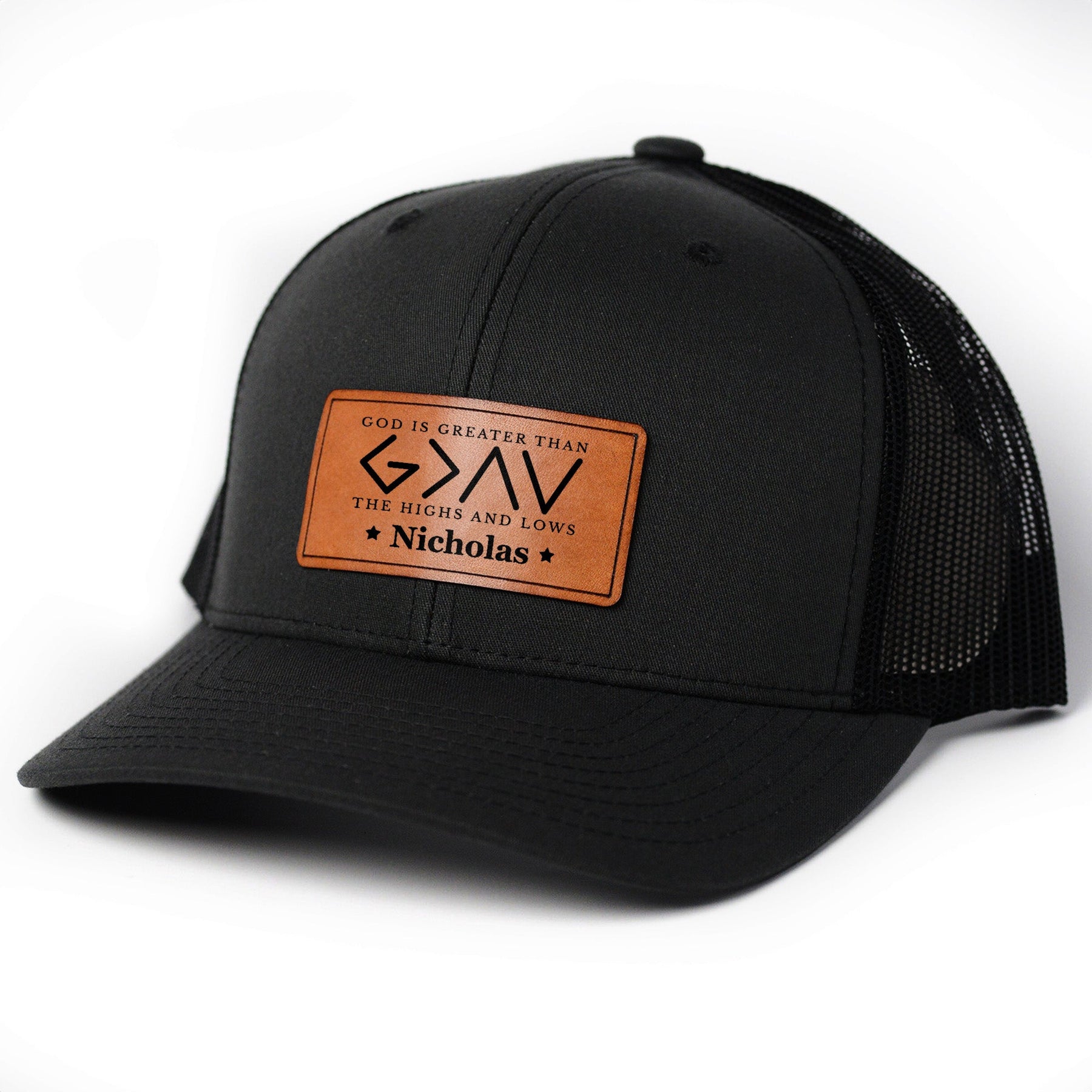 God Is Greater Than The Highs And Lows - Personalized Leather Patch Hat