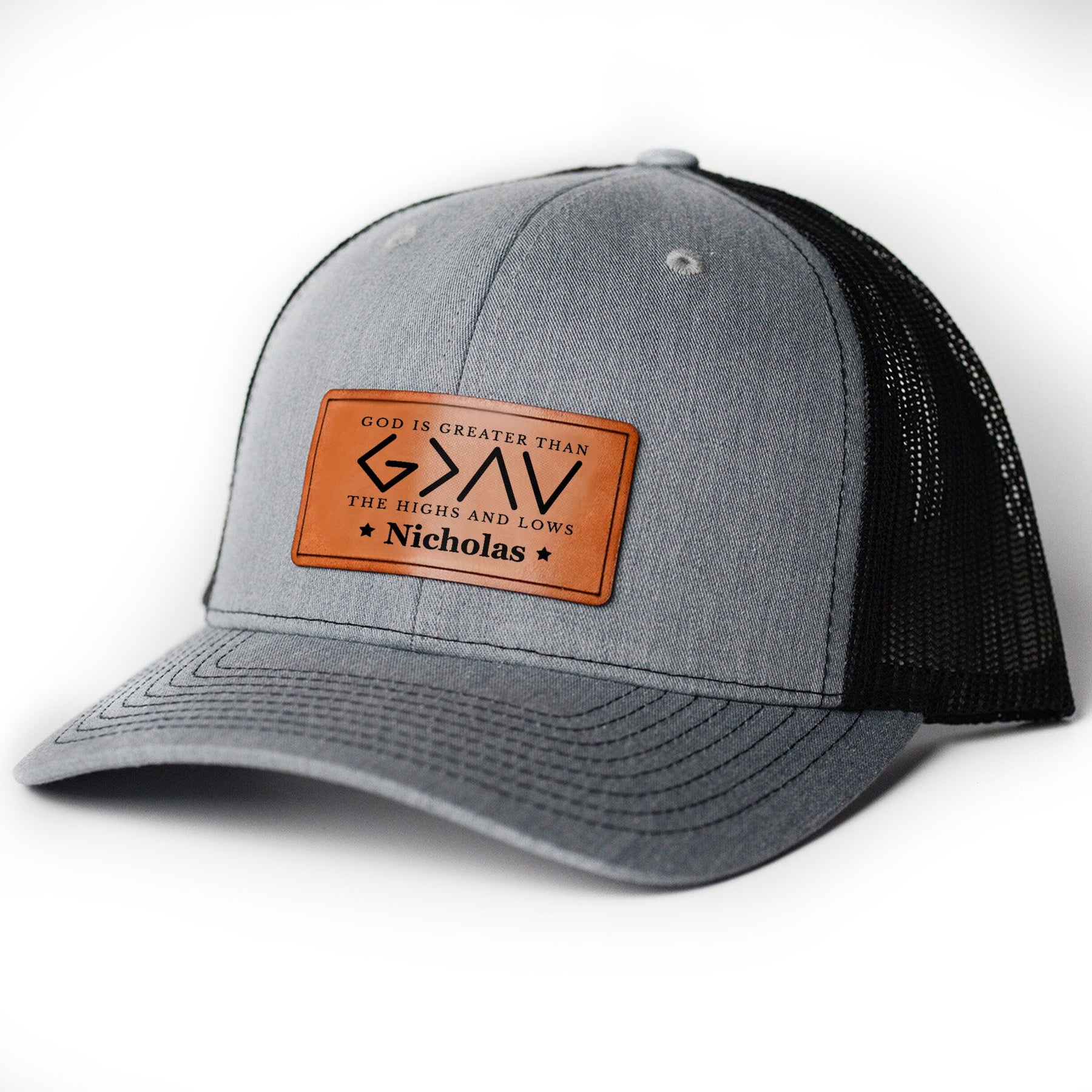 God Is Greater Than The Highs And Lows - Personalized Leather Patch Hat
