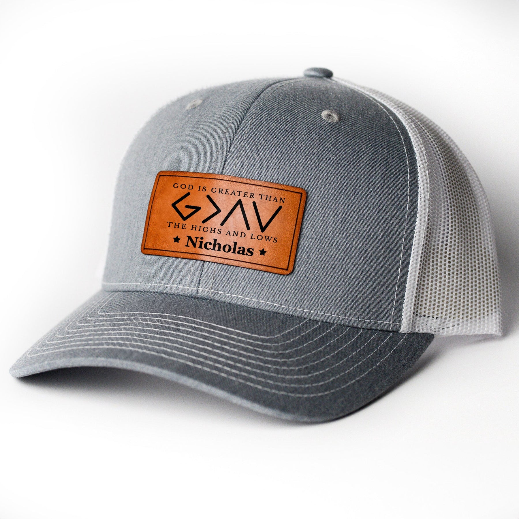 God Is Greater Than The Highs And Lows - Personalized Leather Patch Hat