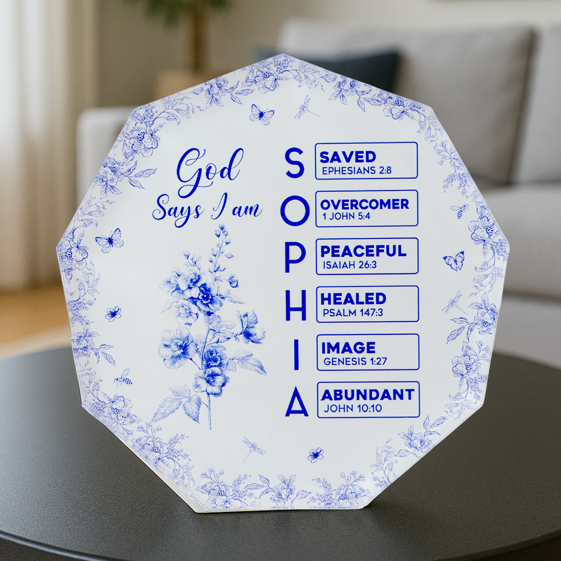 God Says I Am Name Letter In Bible Toile De Jouy Style - Personalized Acrylic Plaque
