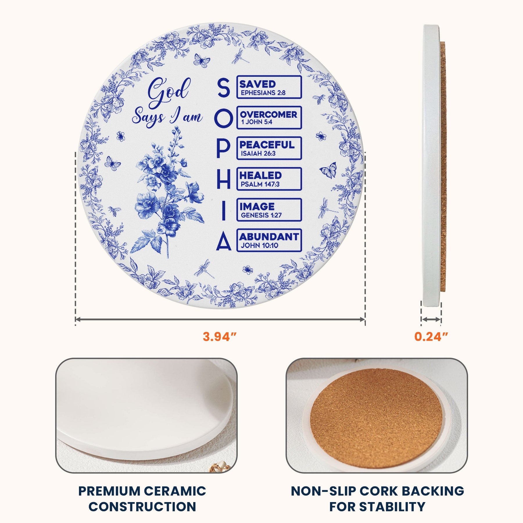 God Says I Am Name Letter In Bible Toile De Jouy Style - Personalized Ceramic Coaster