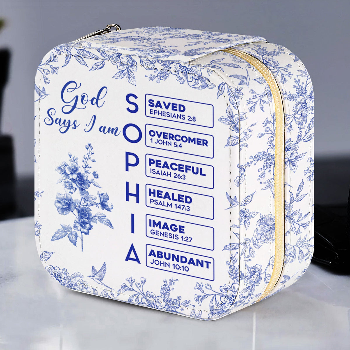 God Says I Am Name Letter In Bible Toile De Jouy Style - Personalized Jewelry Box