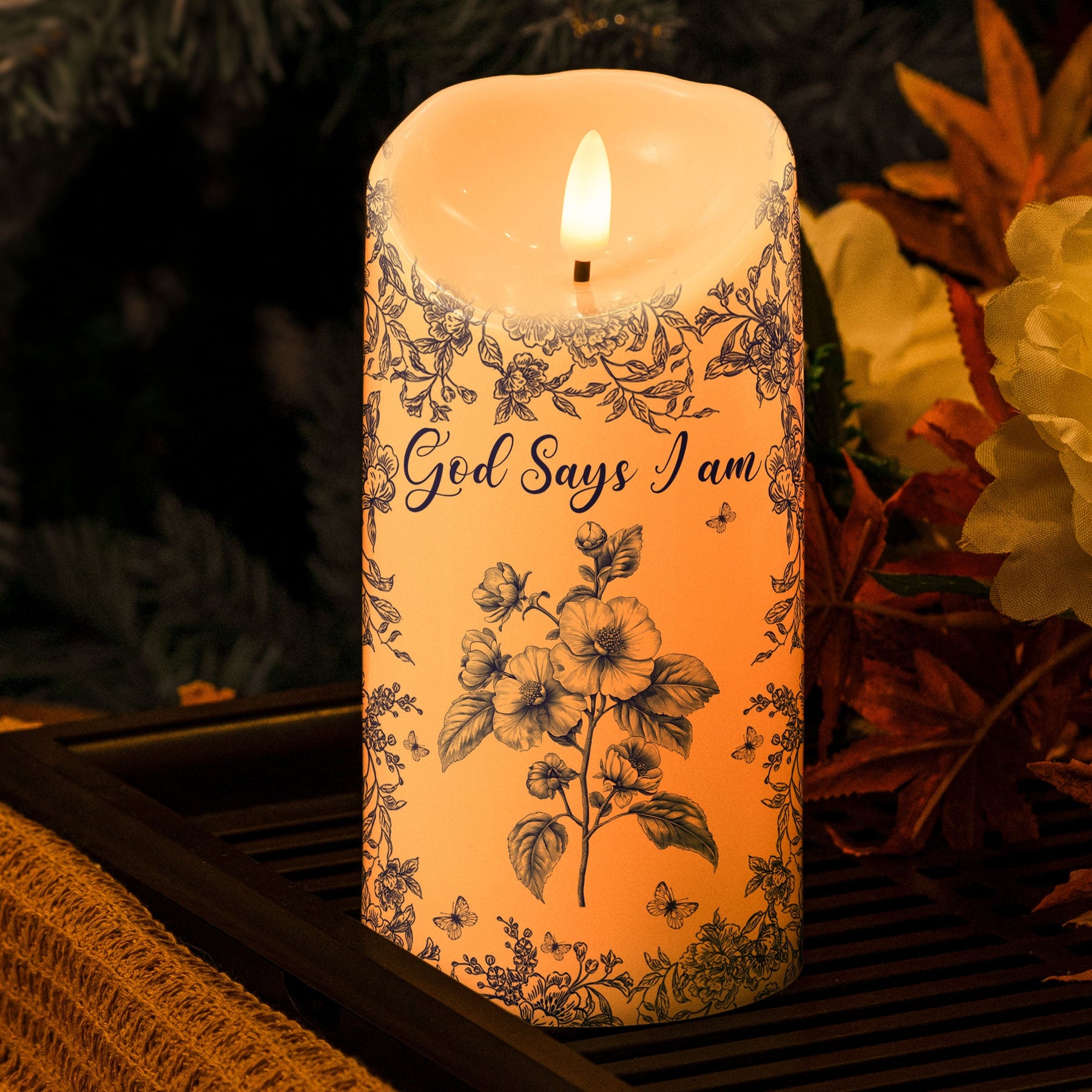 God Says I Am Name Letter In Bible Toile De Jouy Style - Personalized LED Candle