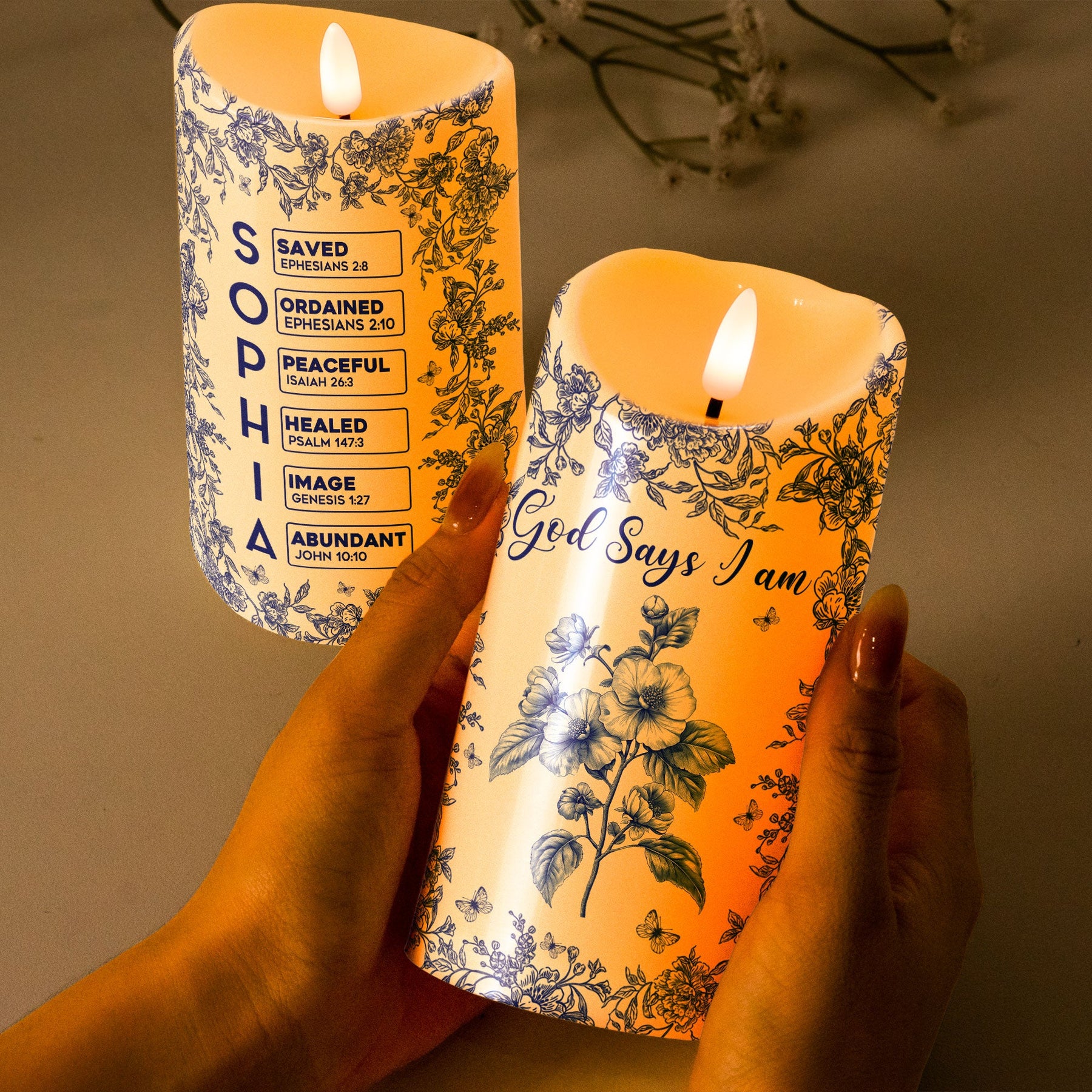 God Says I Am Name Letter In Bible Toile De Jouy Style - Personalized LED Candle