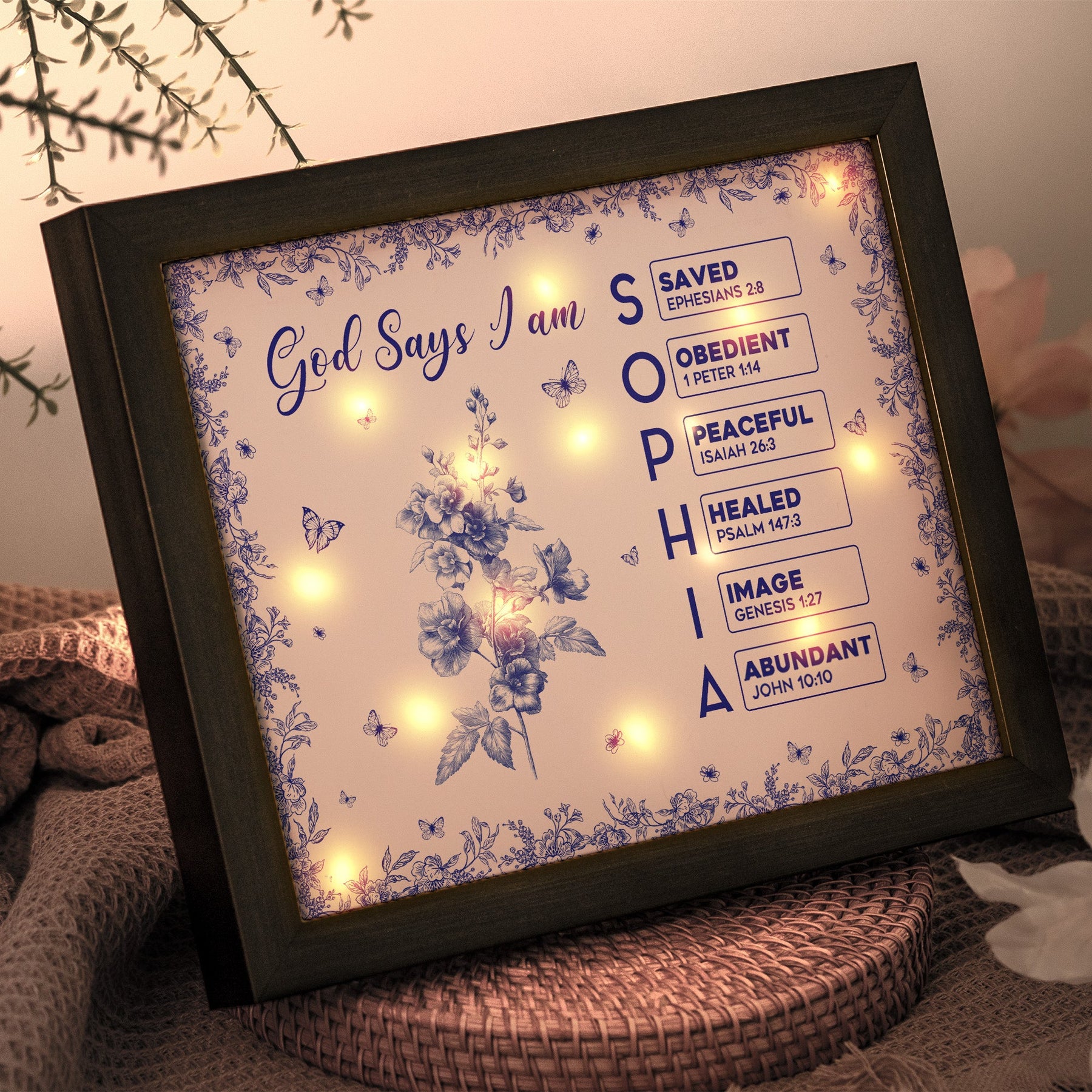 God Says I Am Name Letter In Bible Toile De Jouy Style - Personalized LED Shadow Box