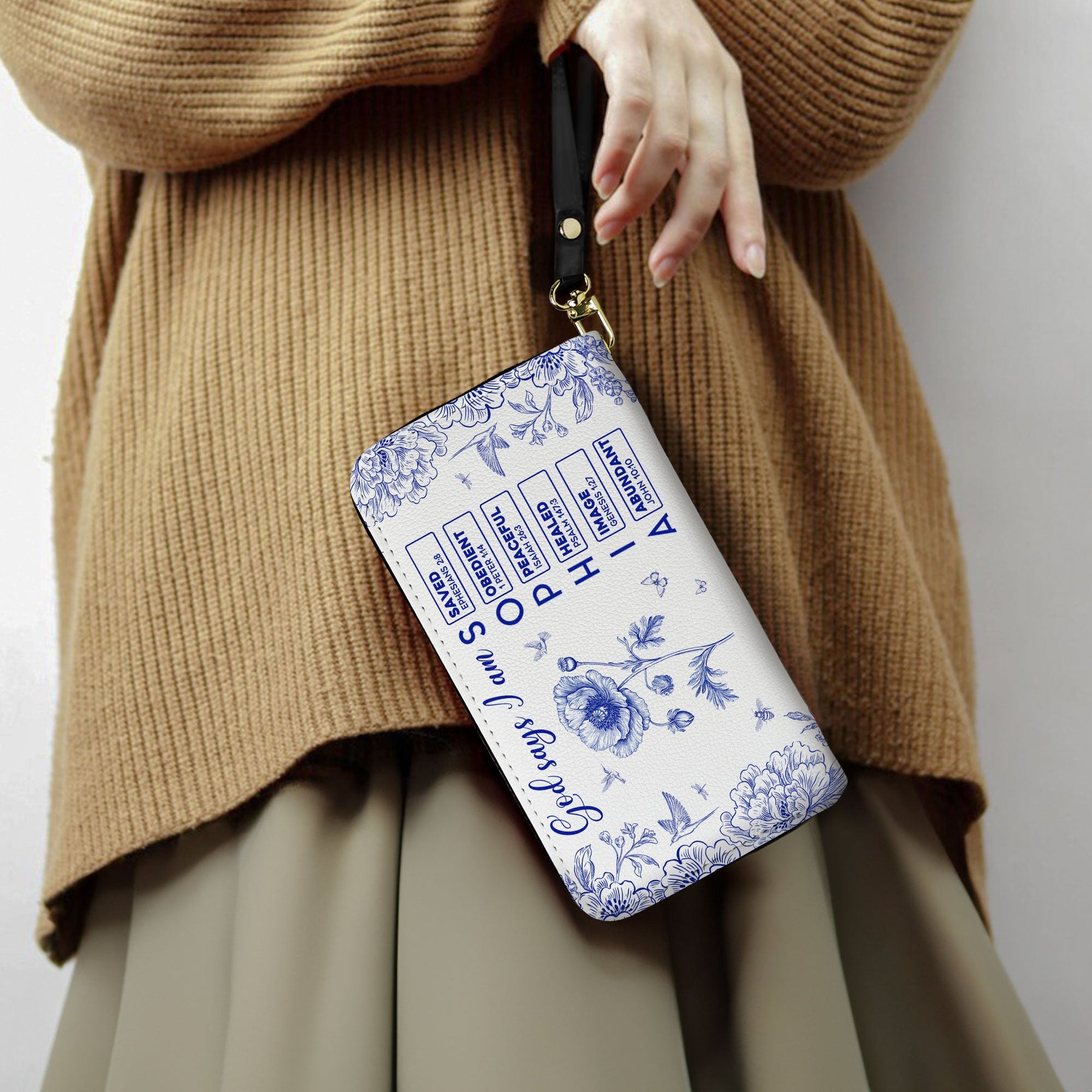 God Says I Am Name Letter In Bible Toile De Jouy Style - Personalized Leather Wallet