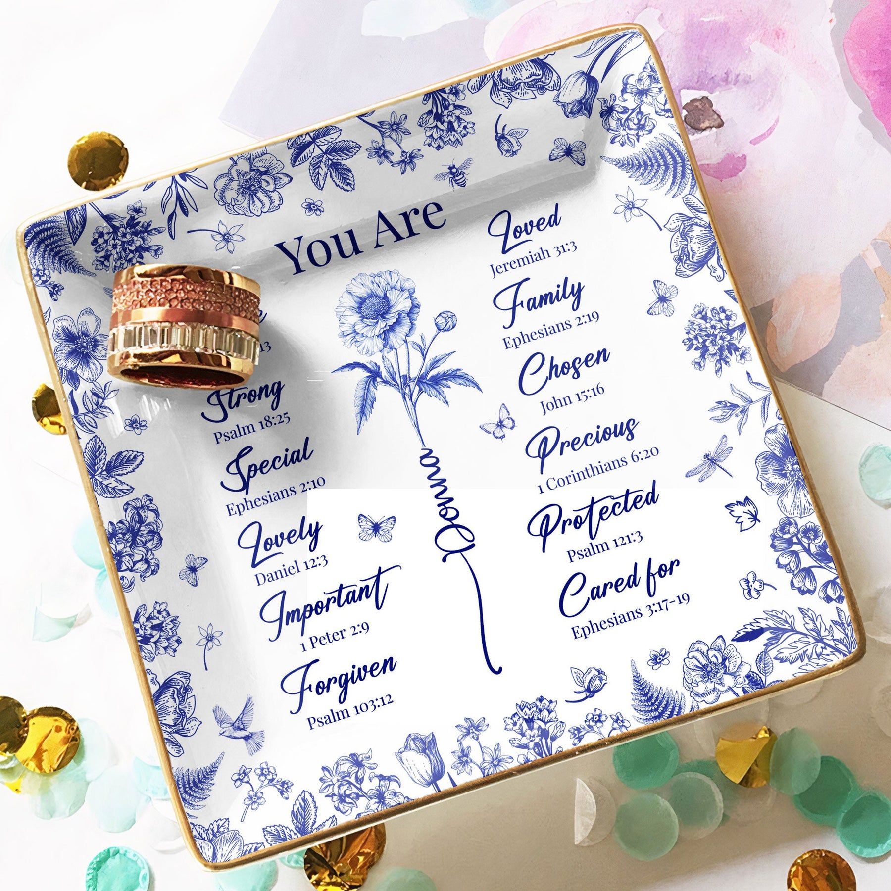 God Says You Are Christian Gift Toile De Jouy Birth Flower - Personalized Jewelry Dish