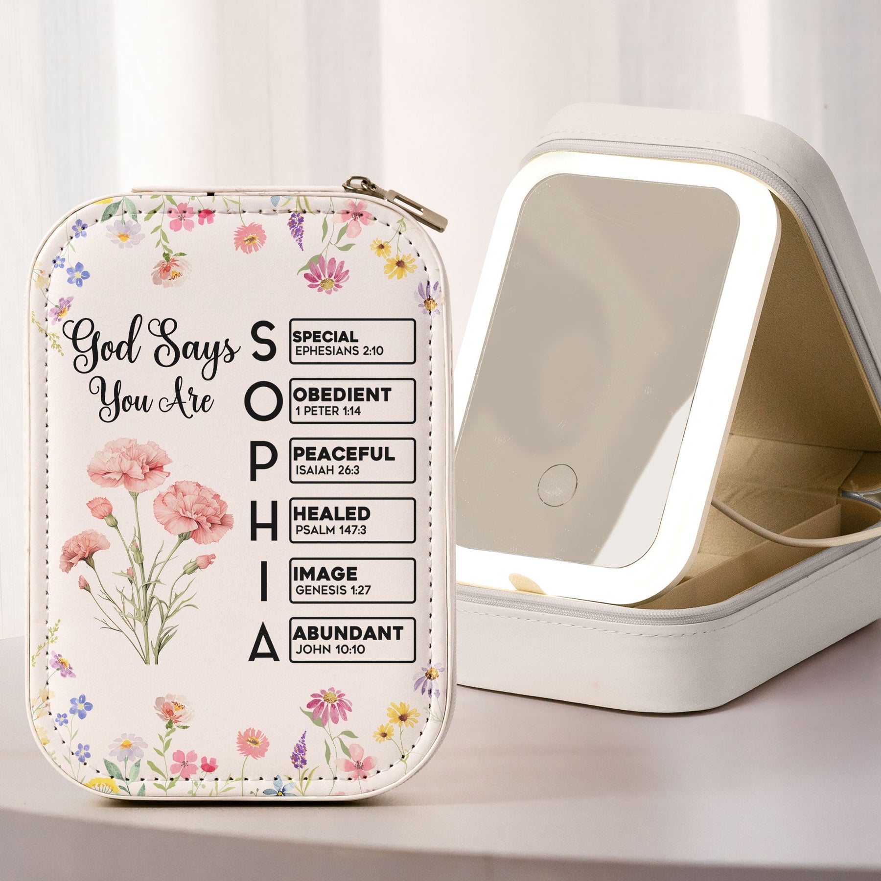 God Says You Are Custom Birth Flower & Name In Bible Verses - Custom Makeup Box With LED Mirror