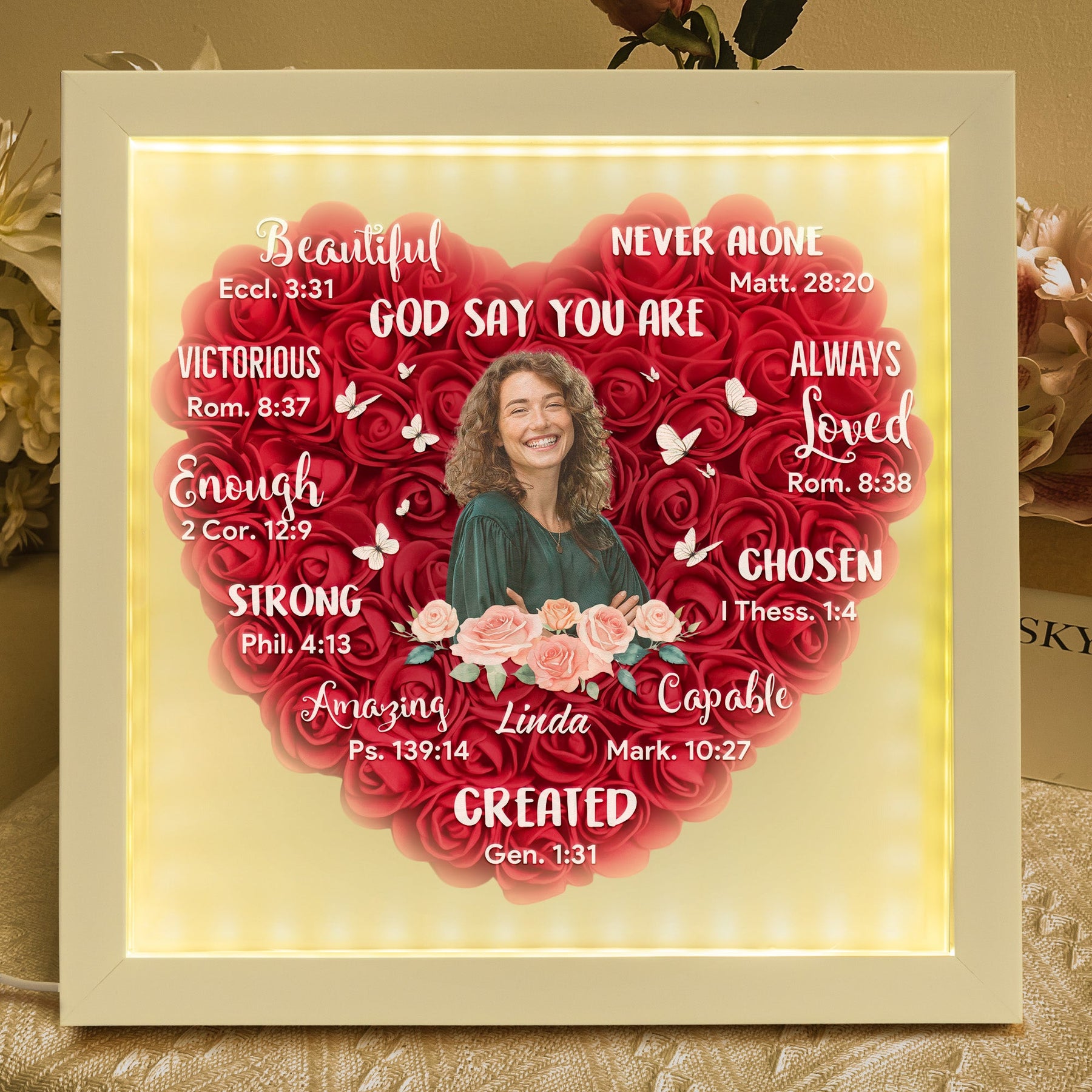 God Says You Are - Gifts For Daughter, Christian Women - Personalized Photo Flower Shadow Box With LED Light