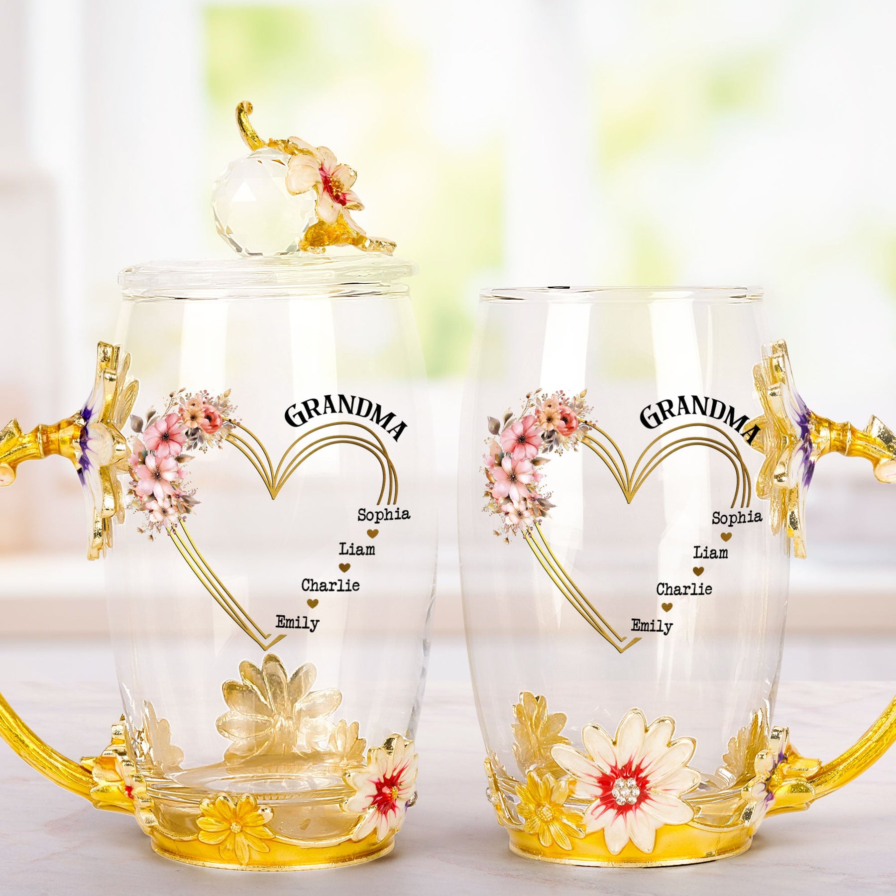 Grandma Floral Style Custom Kids' Names - Personalized Enamel Flower Tea Cup