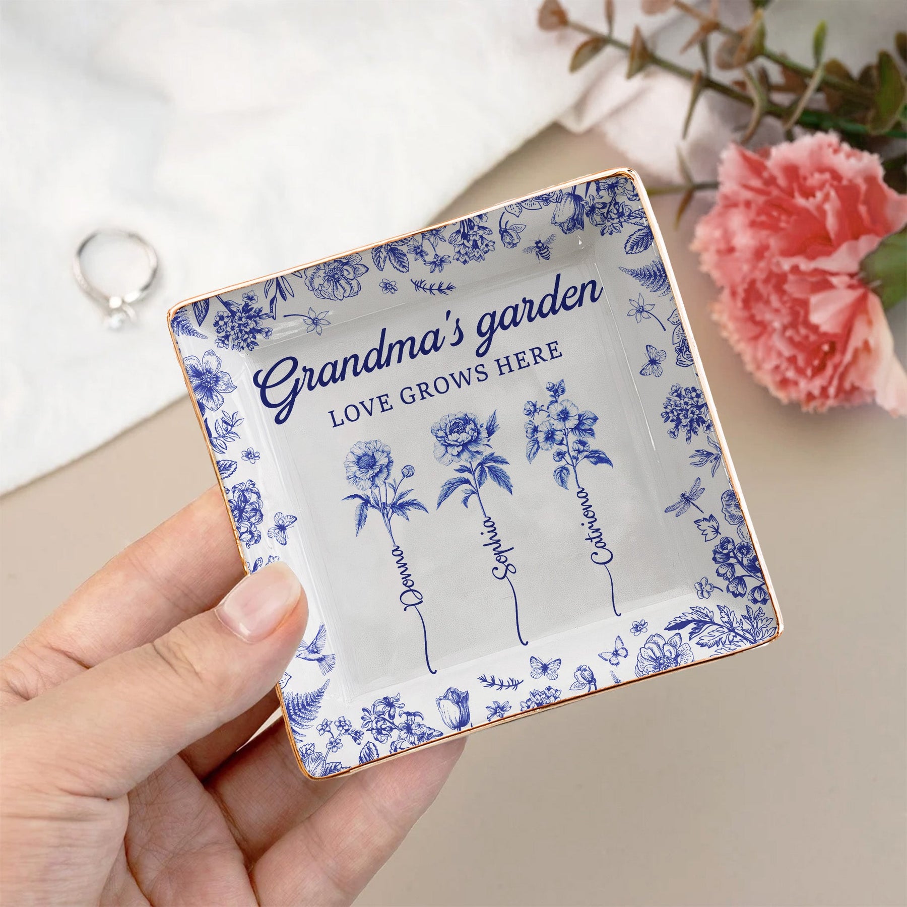 Grandma's Garden Custom Birth Flower Toile De Jouy Gift - Personalized Jewelry Dish