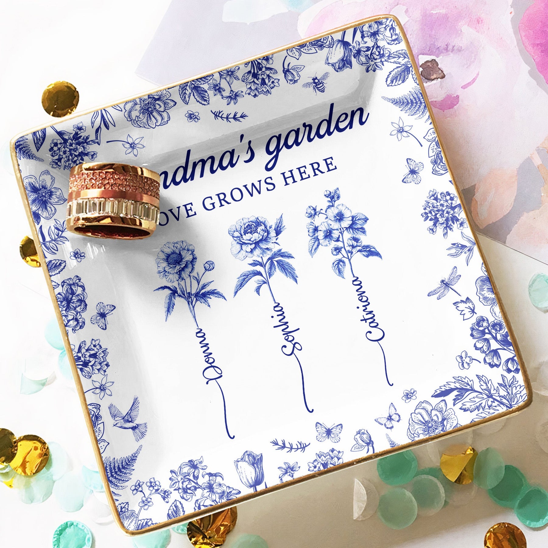 Grandma's Garden Custom Birth Flower Toile De Jouy Gift - Personalized Jewelry Dish