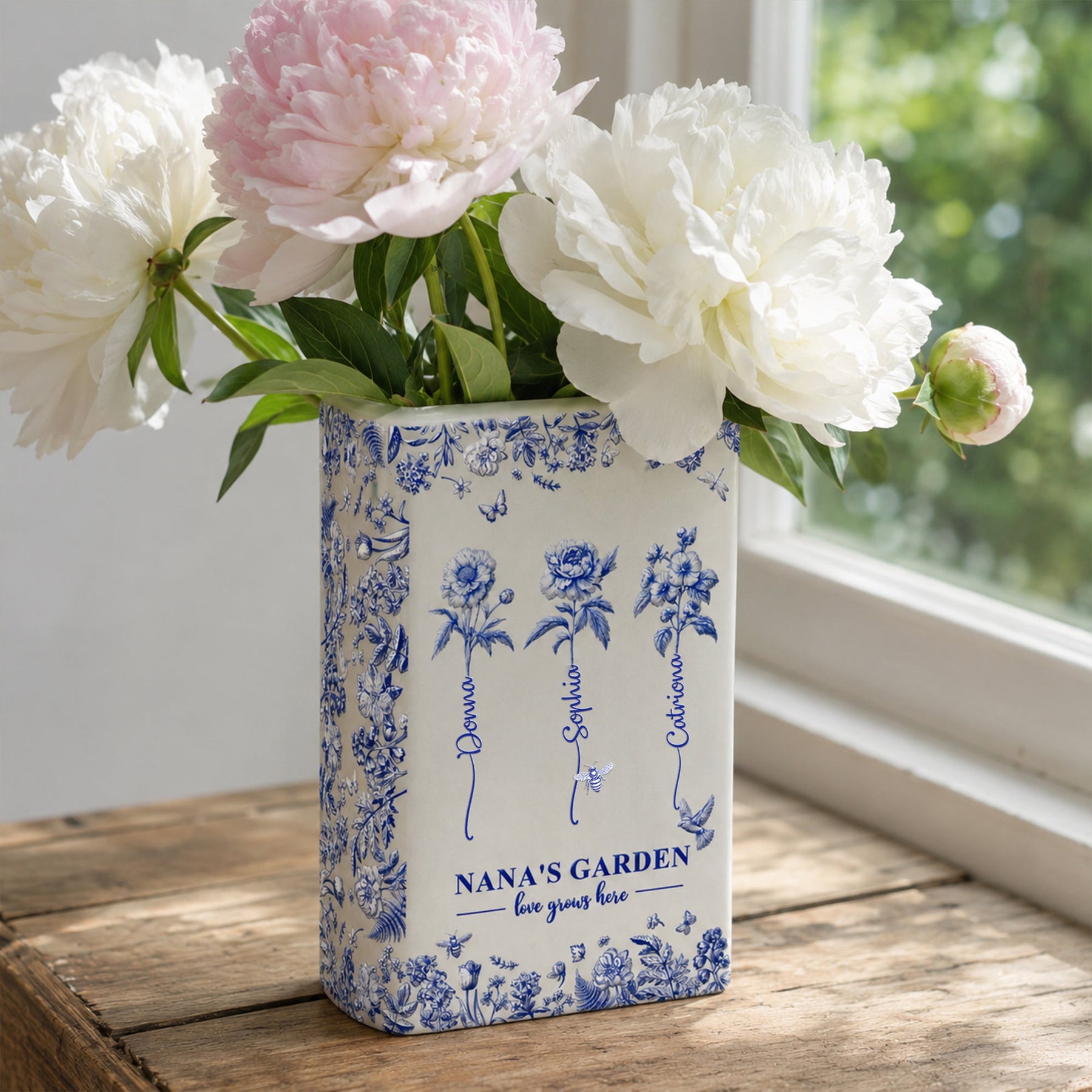 Grandma's Garden, Custom Grandkids' Birth Flowers - Toile De Jouy Style - Personalized Vase