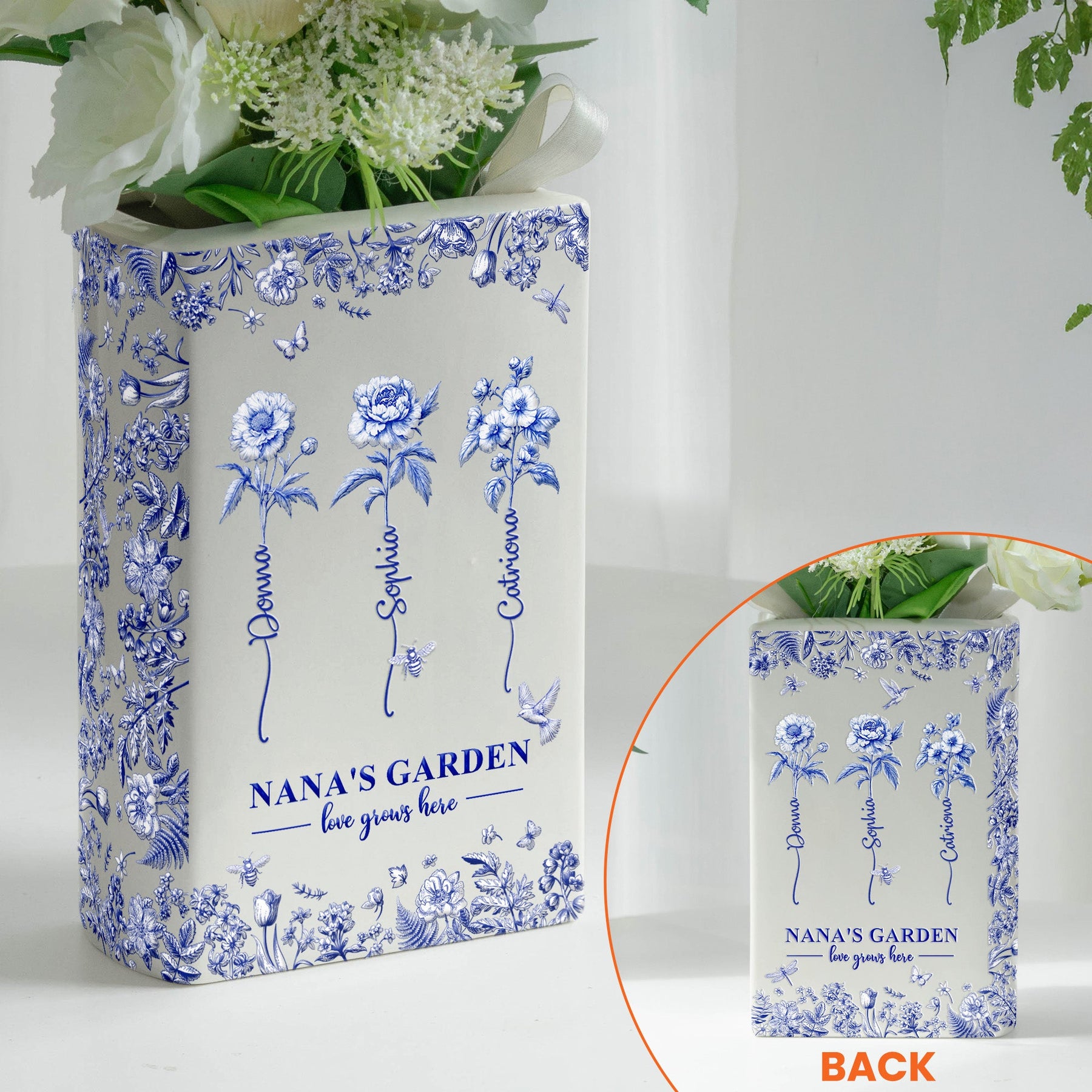 Grandma's Garden, Custom Grandkids' Birth Flowers - Toile De Jouy Style - Personalized Vase