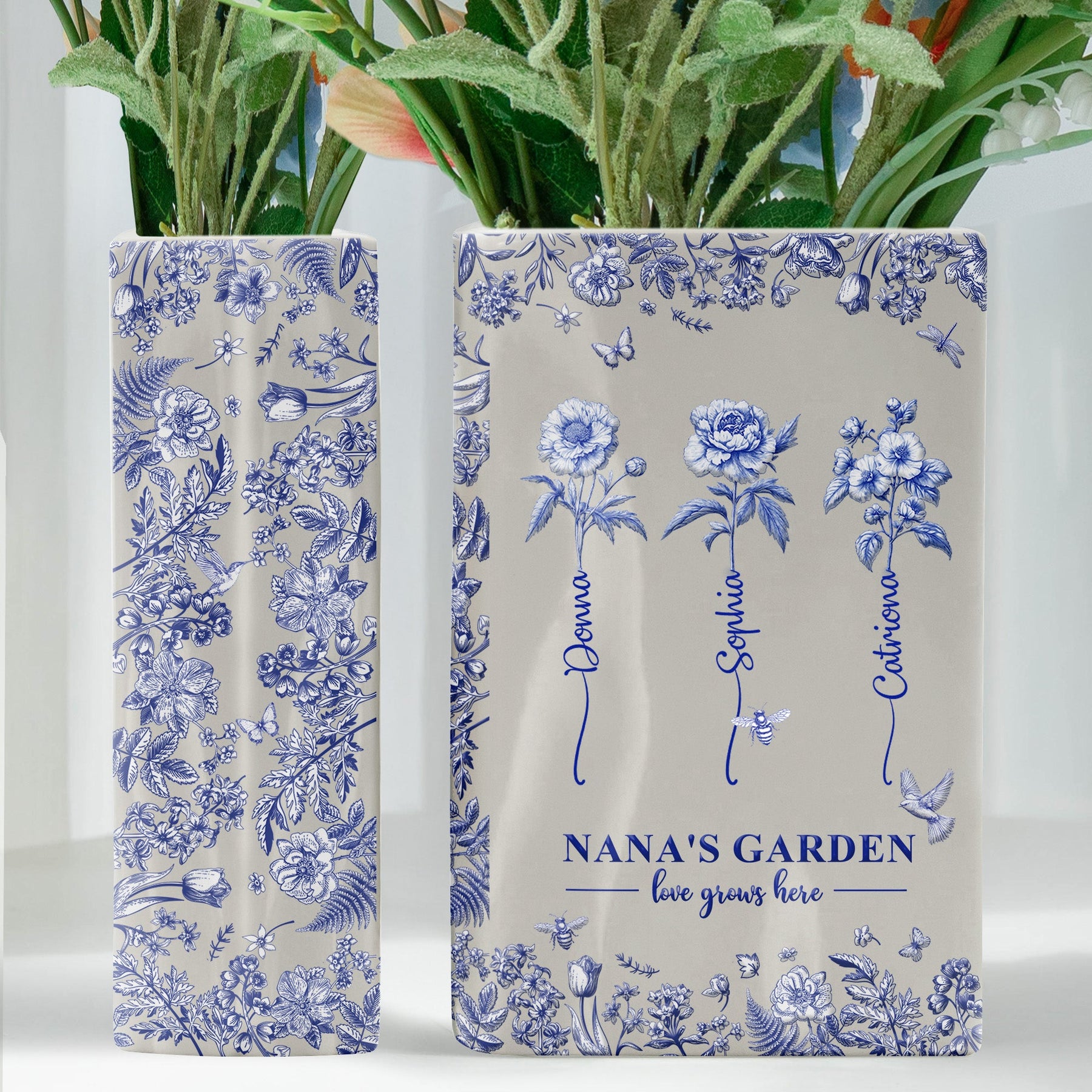 Grandma's Garden, Custom Grandkids' Birth Flowers - Toile De Jouy Style - Personalized Vase
