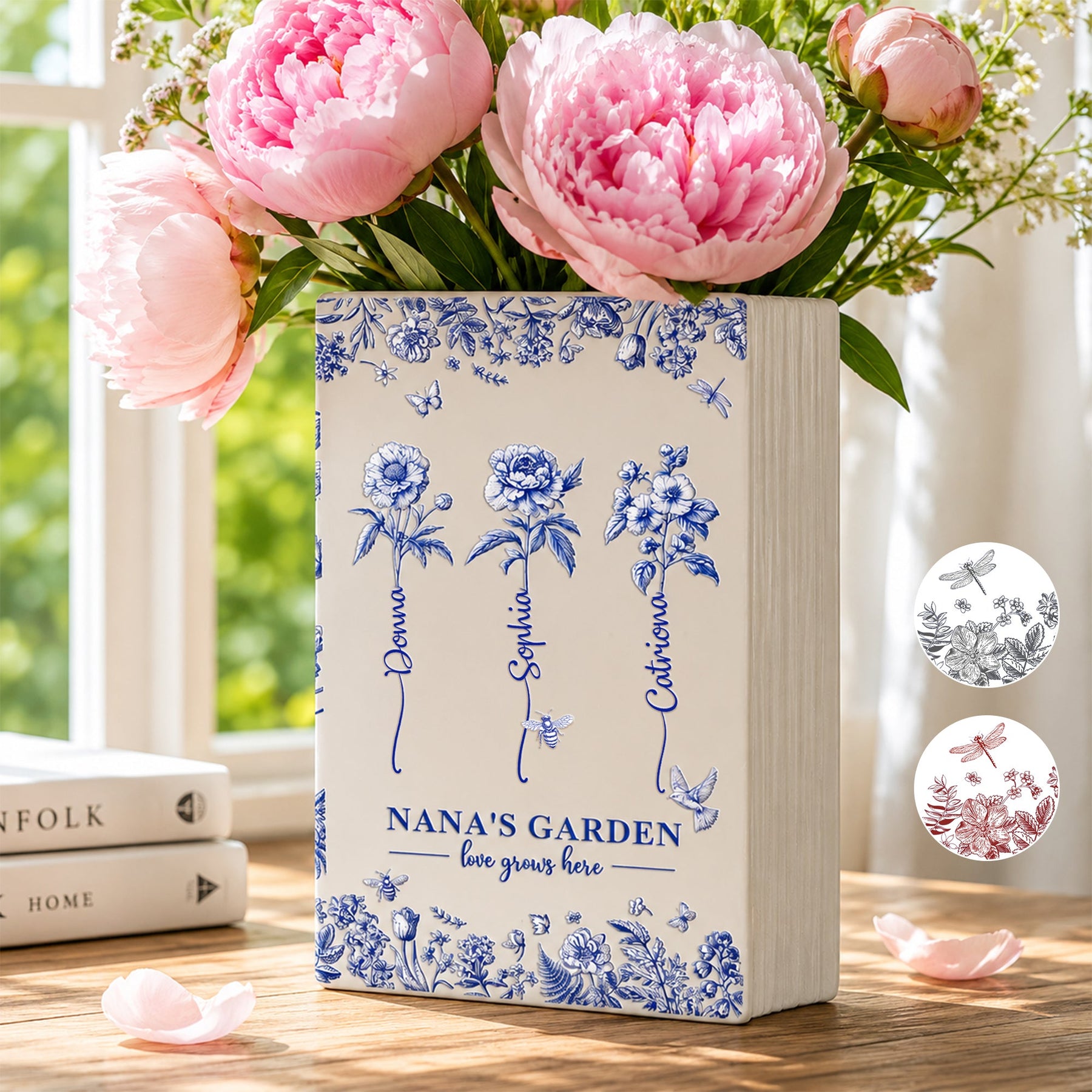 Grandma's Garden, Custom Grandkids' Birth Flowers - Toile De Jouy Style - Personalized Vase