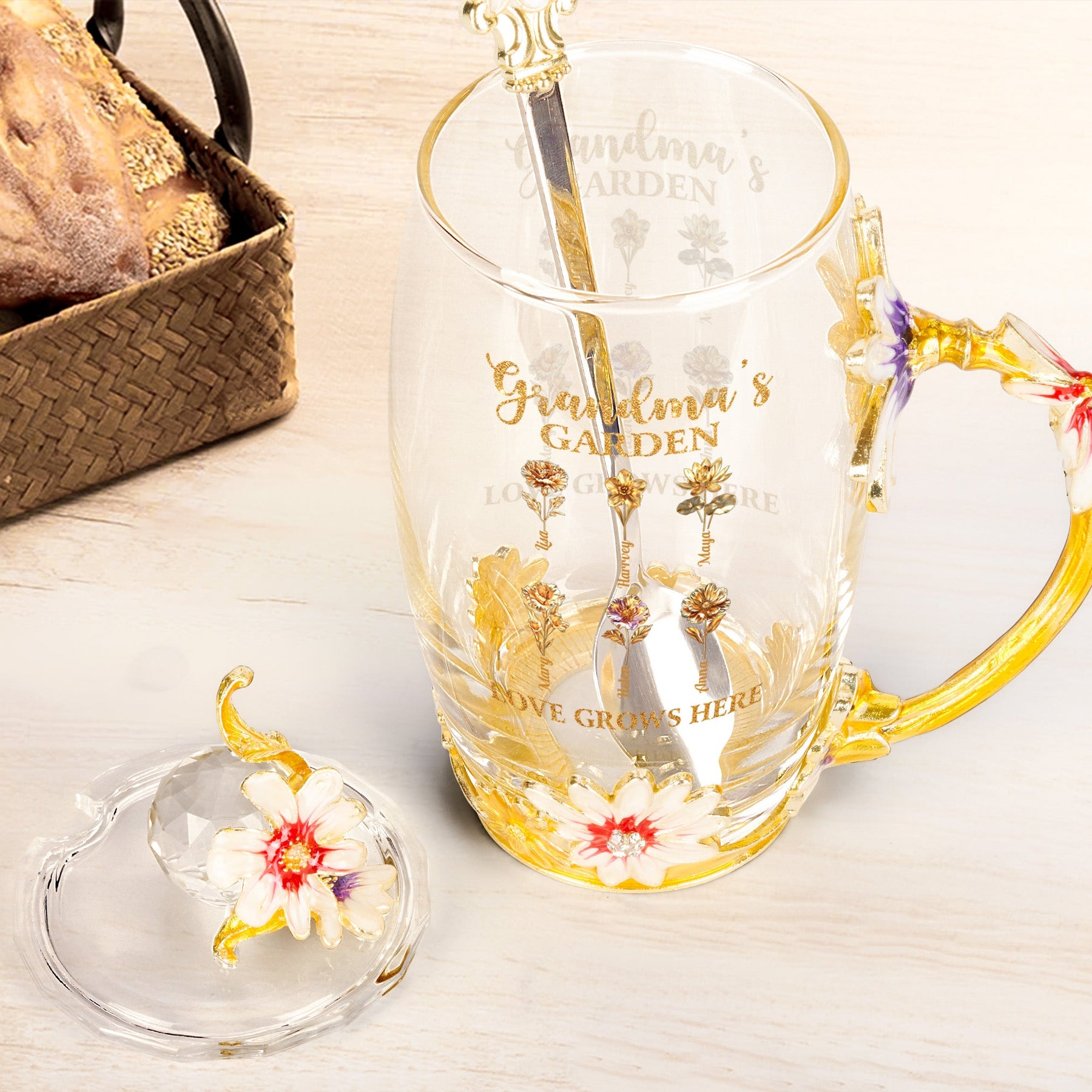 Grandma's Garden Love Grows Here Golden Birth Month Flower - Personalized Glass Cup